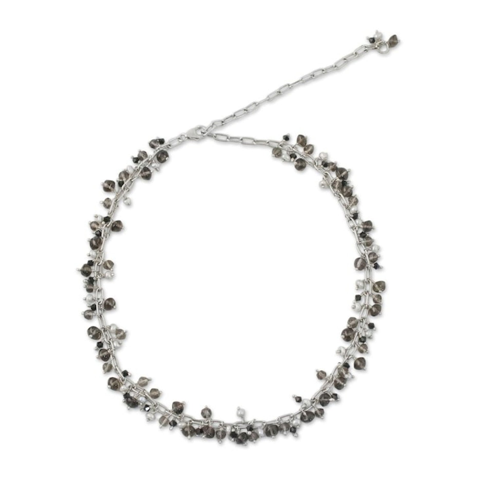Smoky Quartz and Pearl Beaded Necklace from Thailand 'Thai Magic'