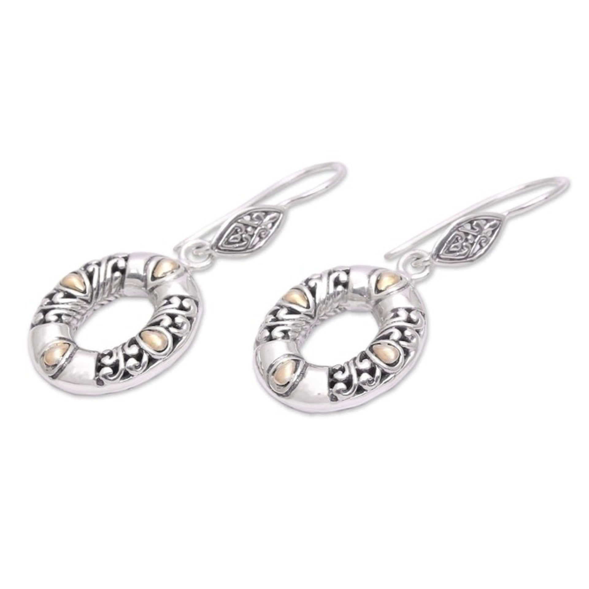 Gold Accent Sterling Silver Oval Floral Dangle Earrings 'Exotic Wreath'