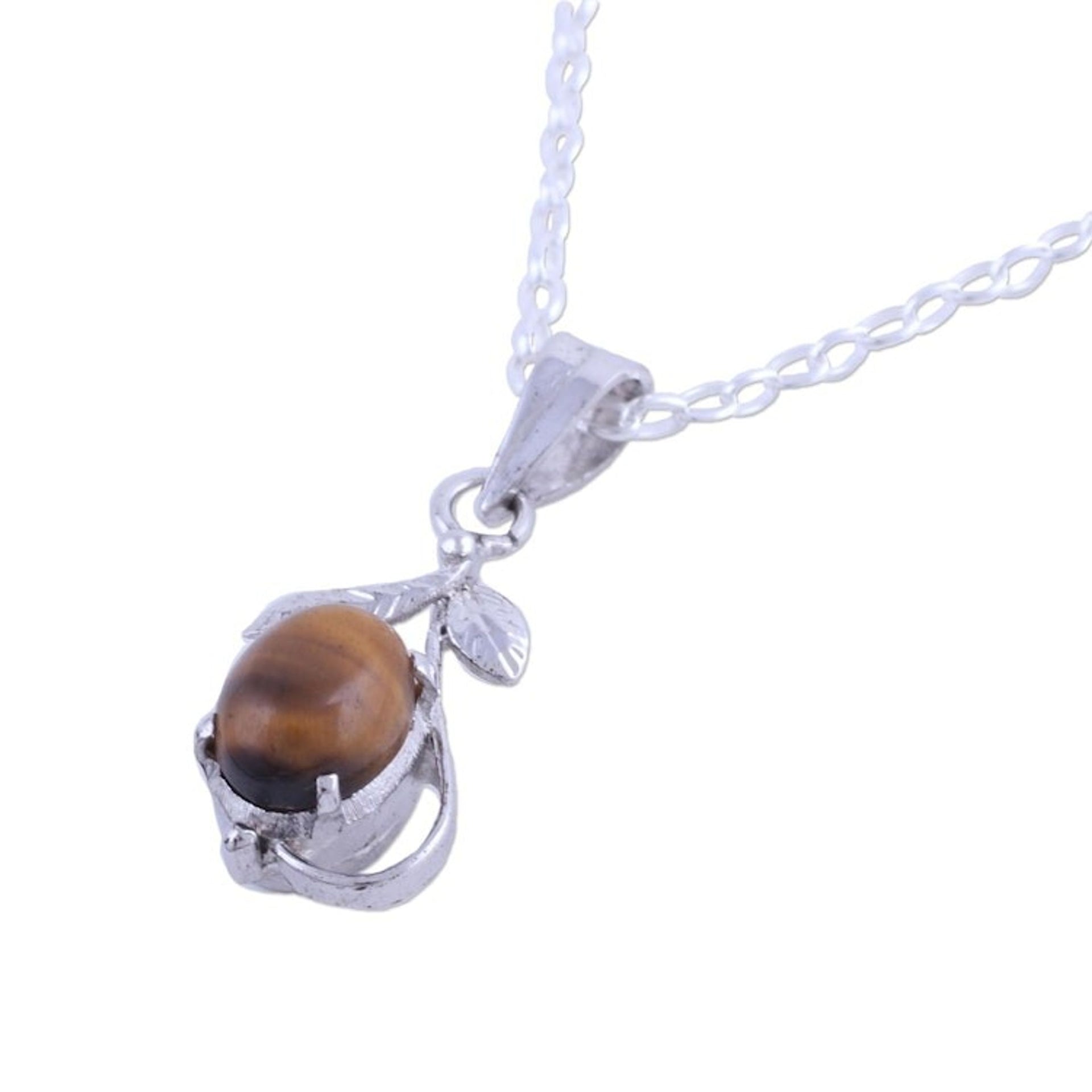 Rhodium Plated Tiger's Eye Leaf Necklace from India 'Forest Earth'