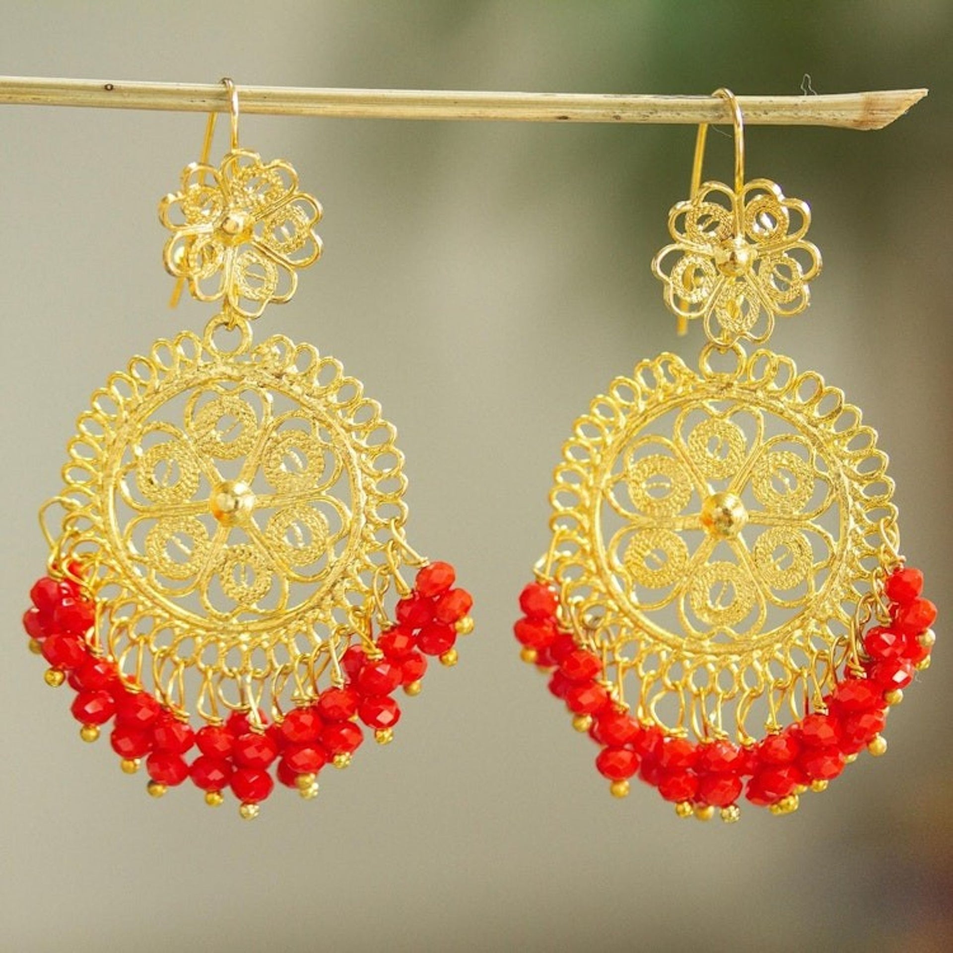 Red Crystal 10k Gold Plated Chandelier Earrings 'Valley Flower in Red'