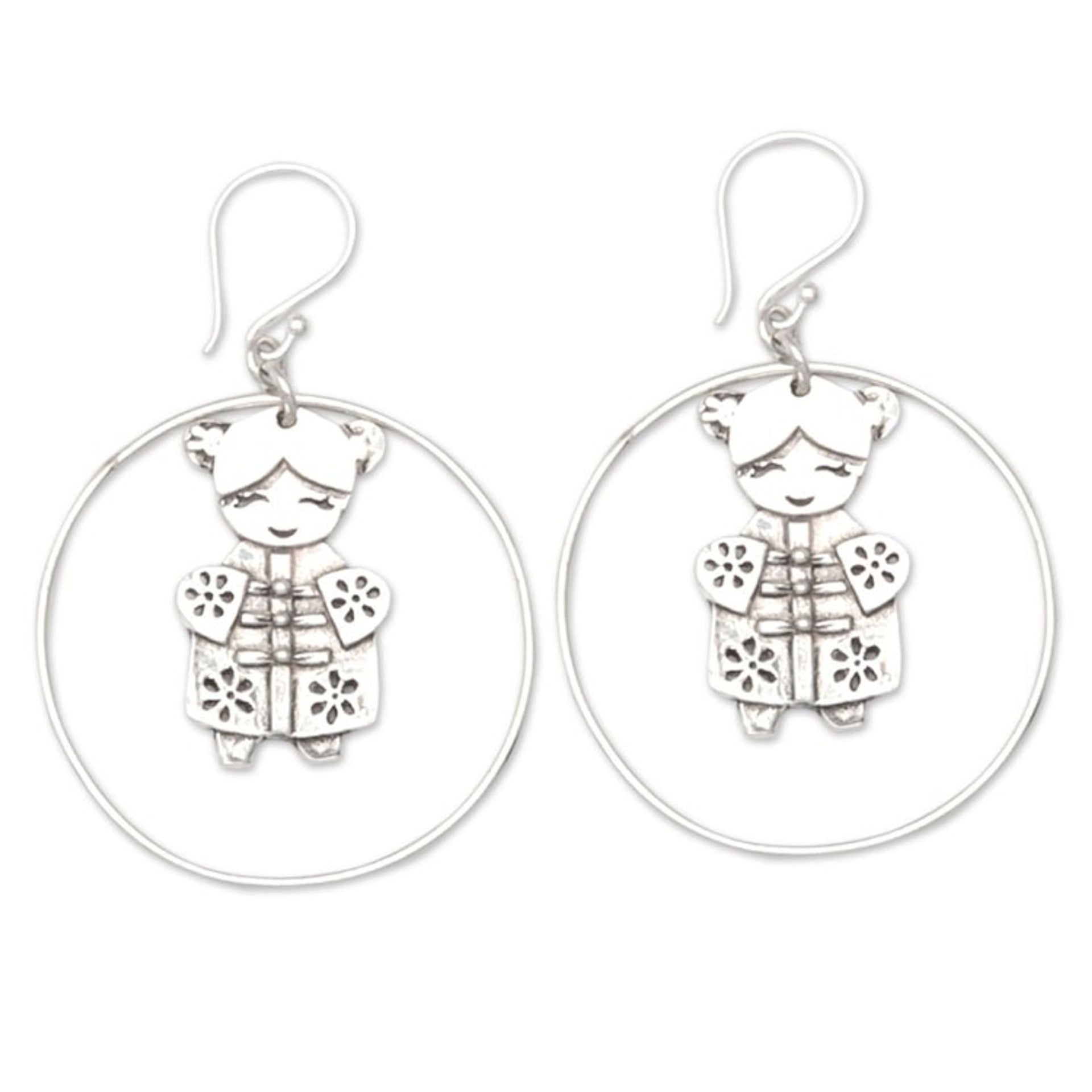 Whimsical Round Sterling Silver Dangle Earrings 'Sweet Greetings'