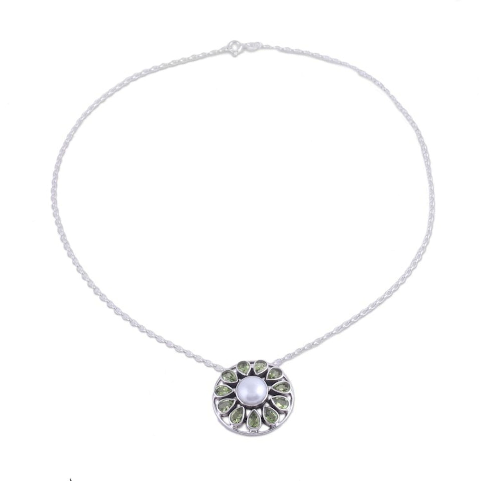 Peridot and Cultured Pearl Sterling Silver Pendant Necklace 'Peridot Petals'
