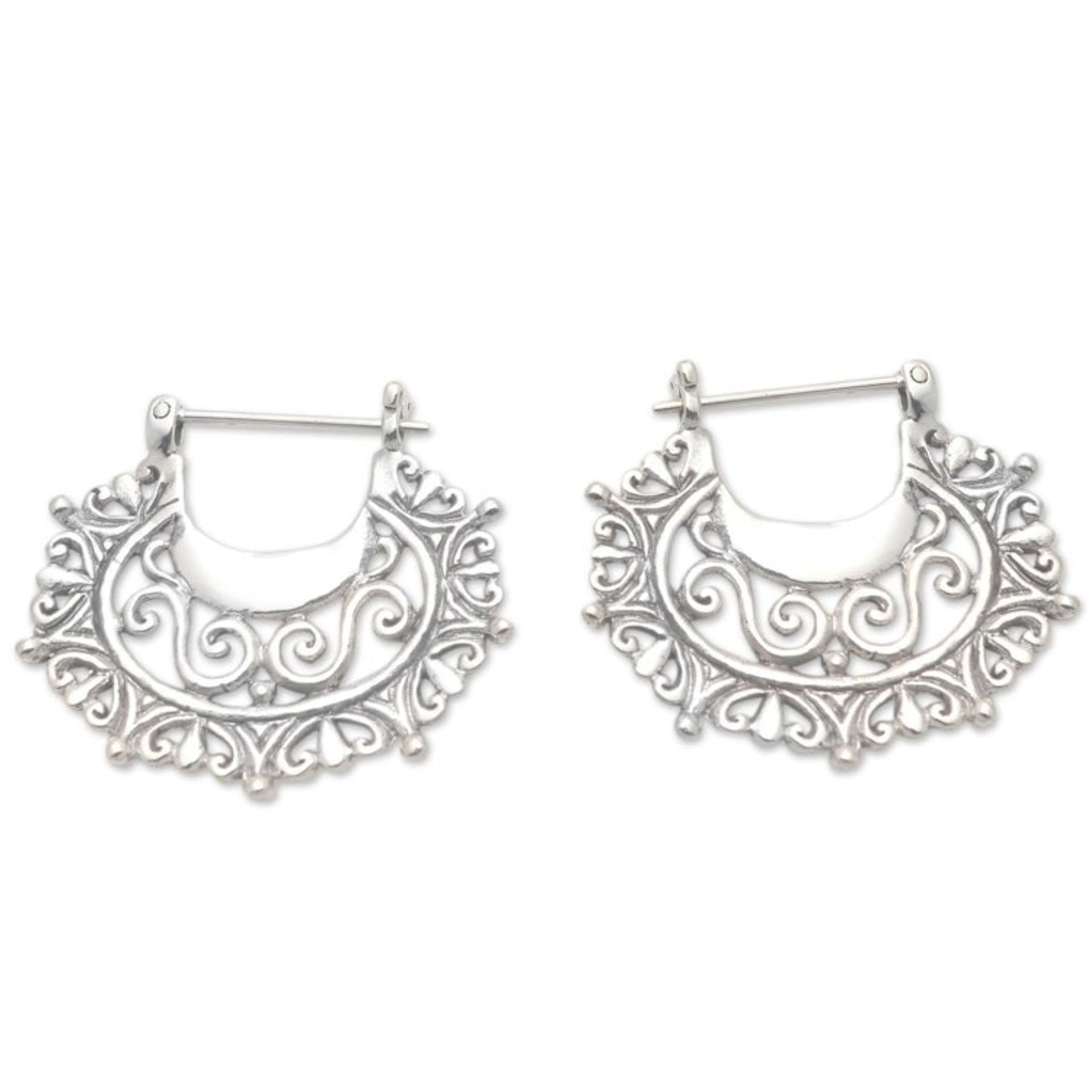 Balinese Sterling Silver Hoop Earrings 'Engraved Curves'