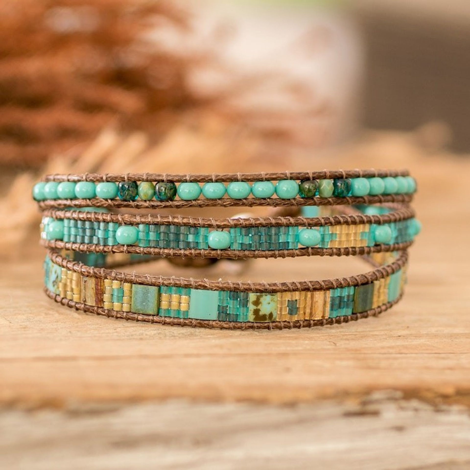 Golden and Green Glass Beaded Strand Wristband Bracelet 'Beach Days'