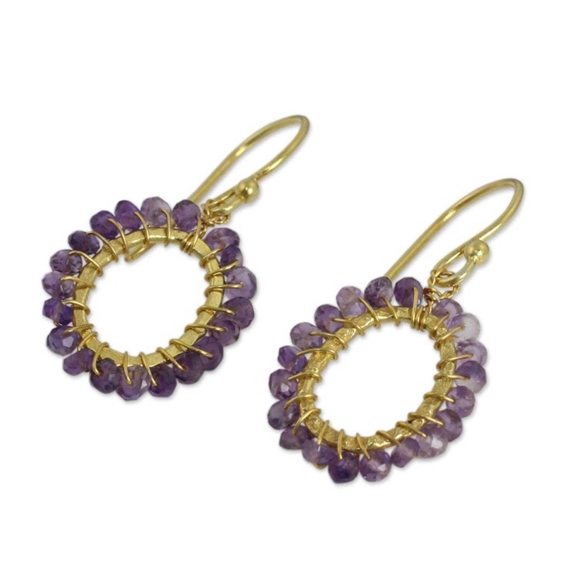 24k Gold Plated Hand Knotted Amethyst Earrings from Thailand 'Treasure'