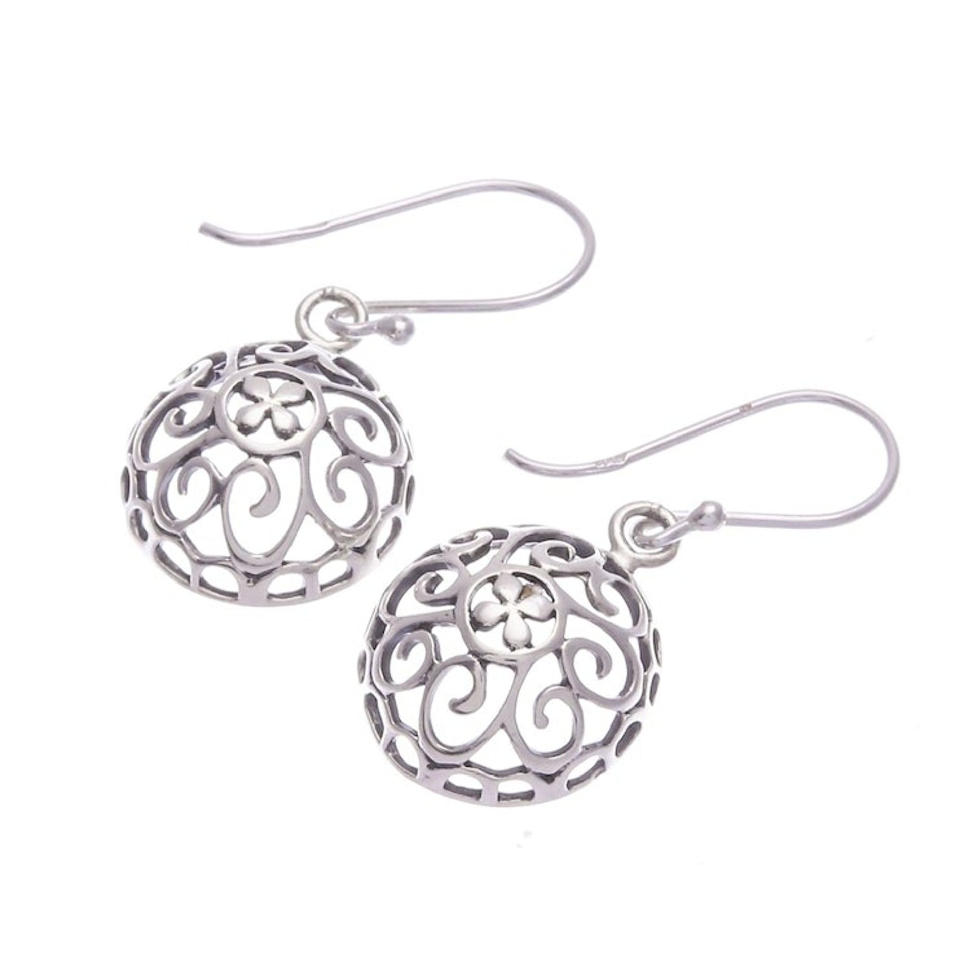 Polished Sterling Silver Dangle Earrings with Floral Design 'Ethereal Bouquets'
