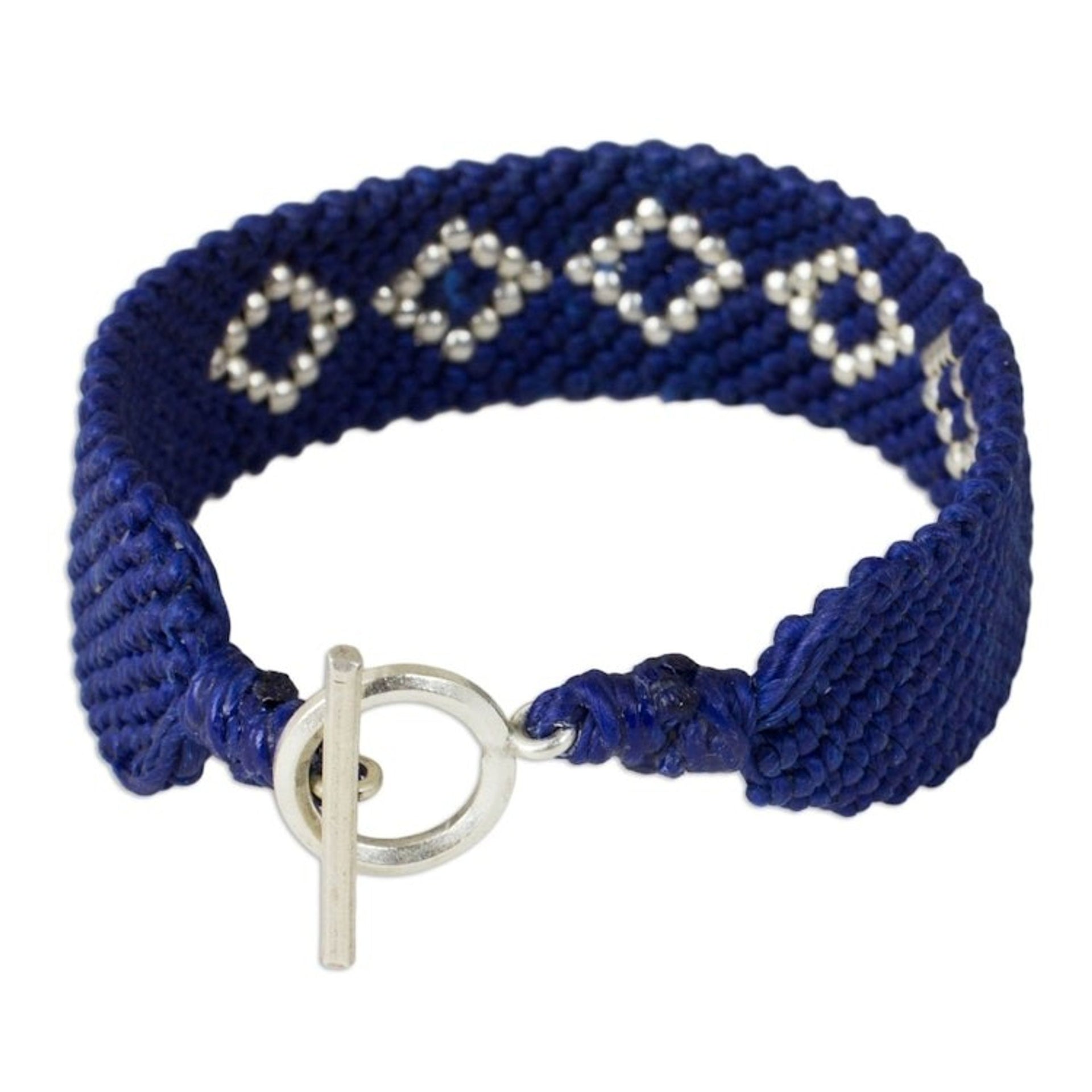 Hand Crafted Polyester Braided Bracelet with Silver Beads 'Blue Geometric'