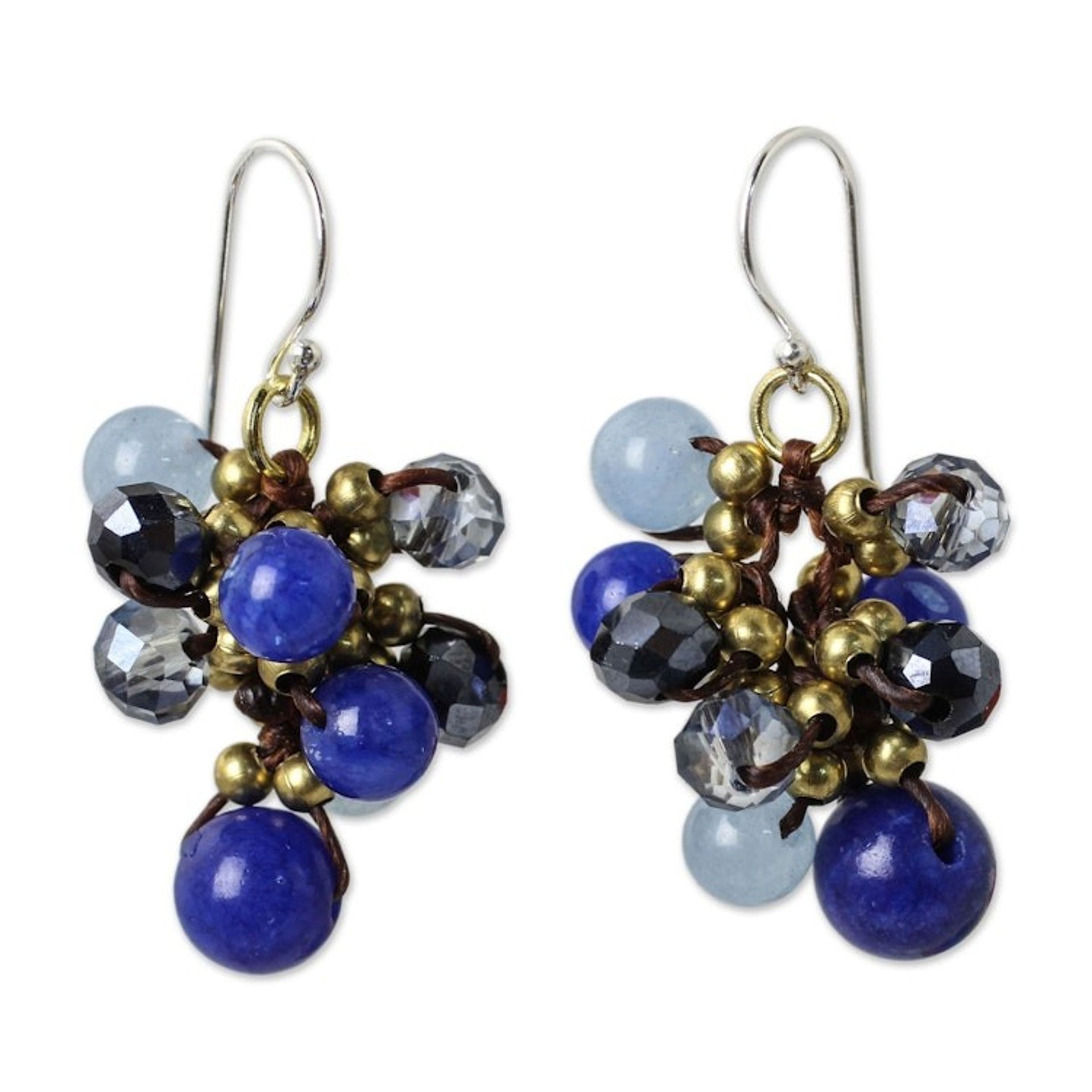 Blue Quartz and Brass Clusters on Hand Knotted Earrings 'Blue Cattlelaya'