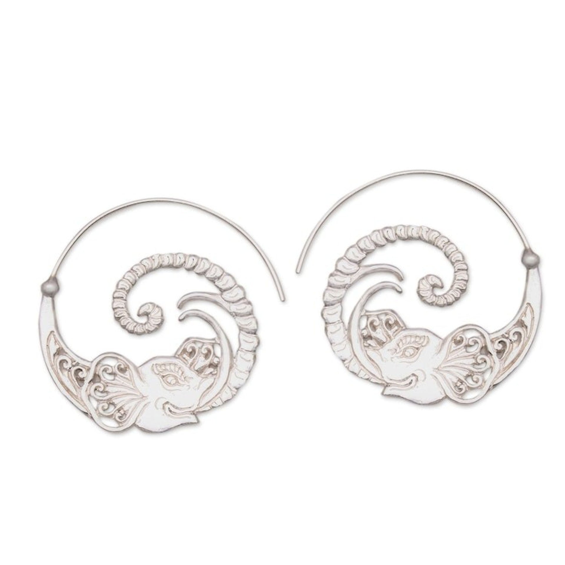 Sterling Silver Elephant Half-Hoop Earrings from Thailand 'Elephant Tendril'