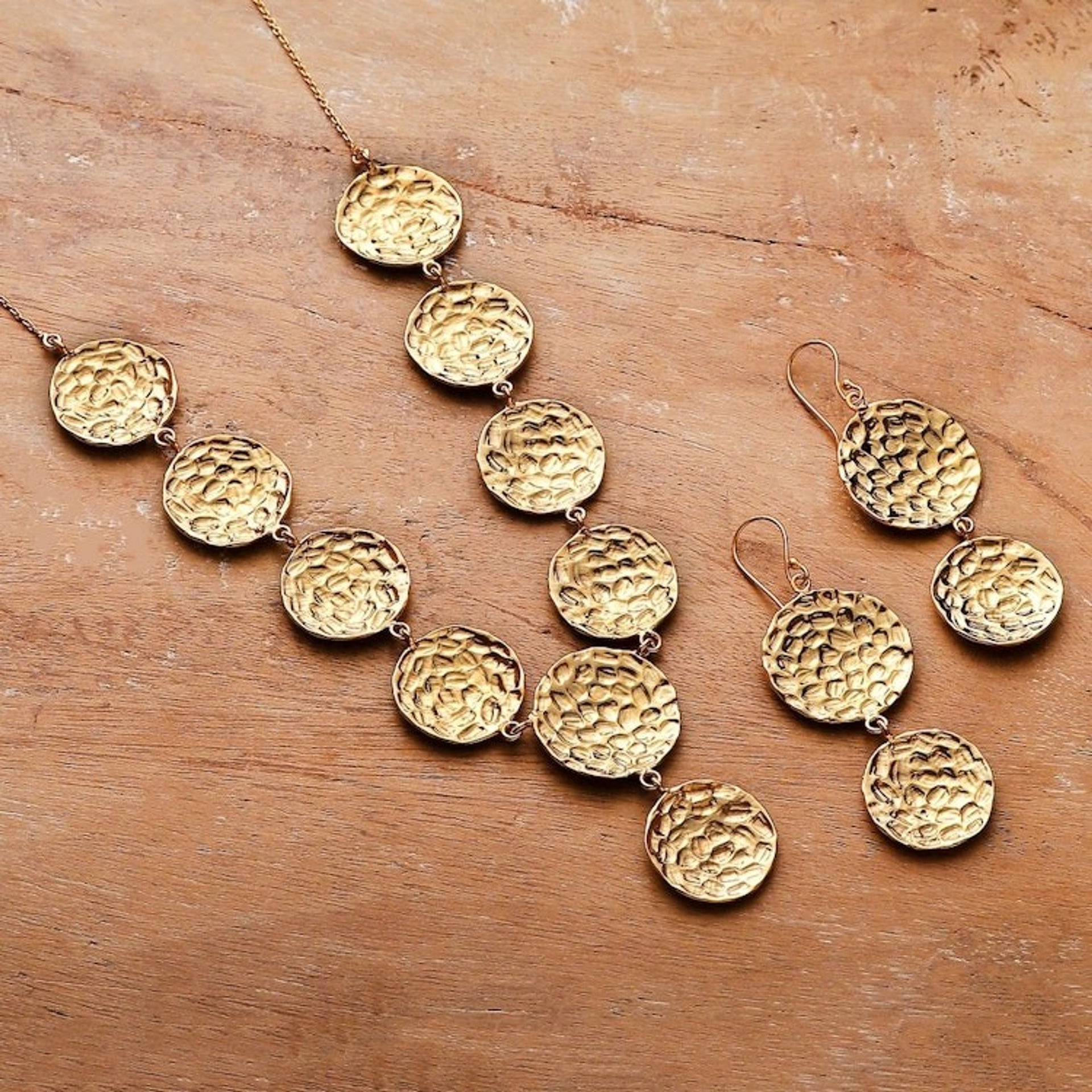 Hammered Brass Charm Necklace Dangle Earrings Jewelry Set 'Cosmic Cascade'