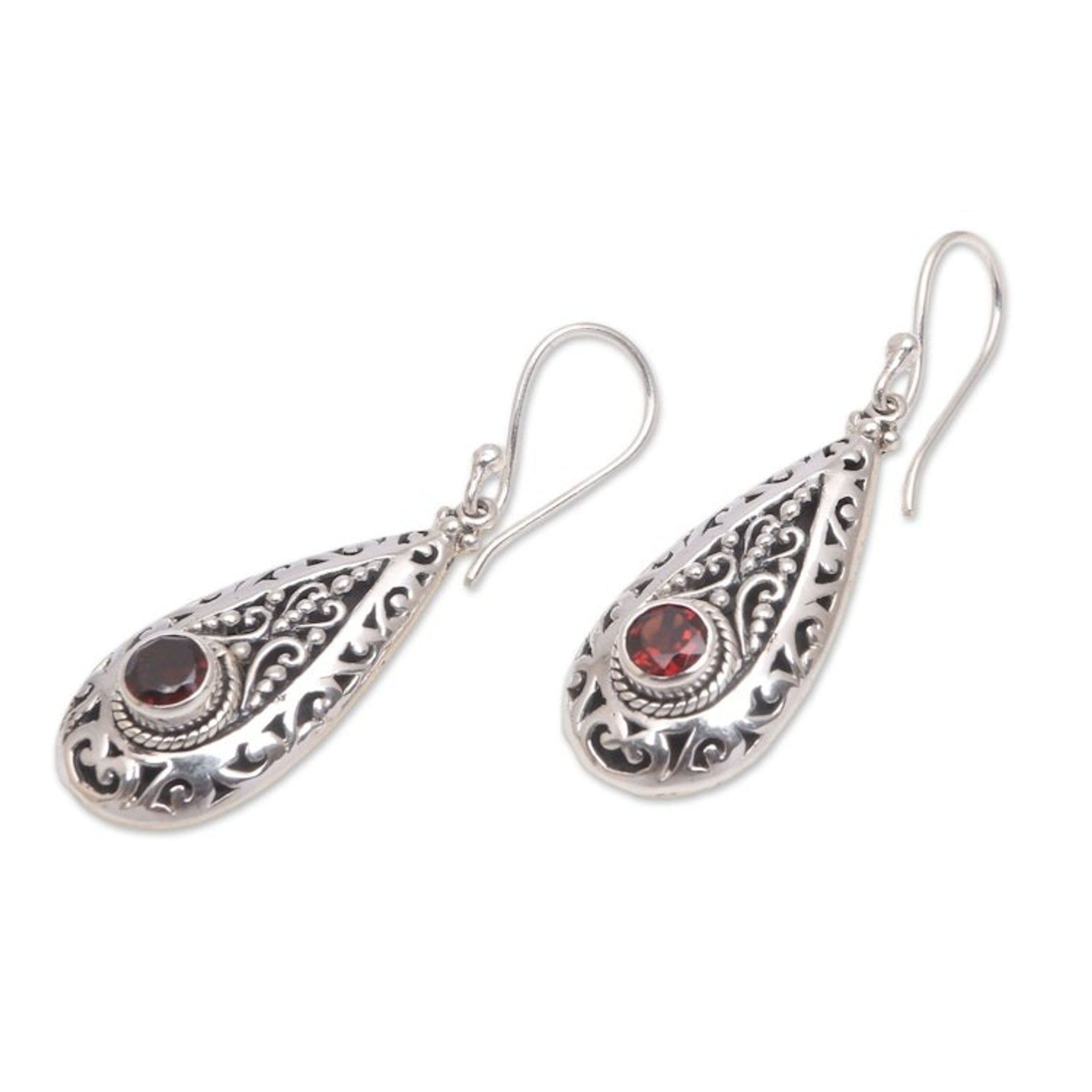 Garnet and Sterling Silver Teardrop Dangle Earrings 'Ornamental Fire'