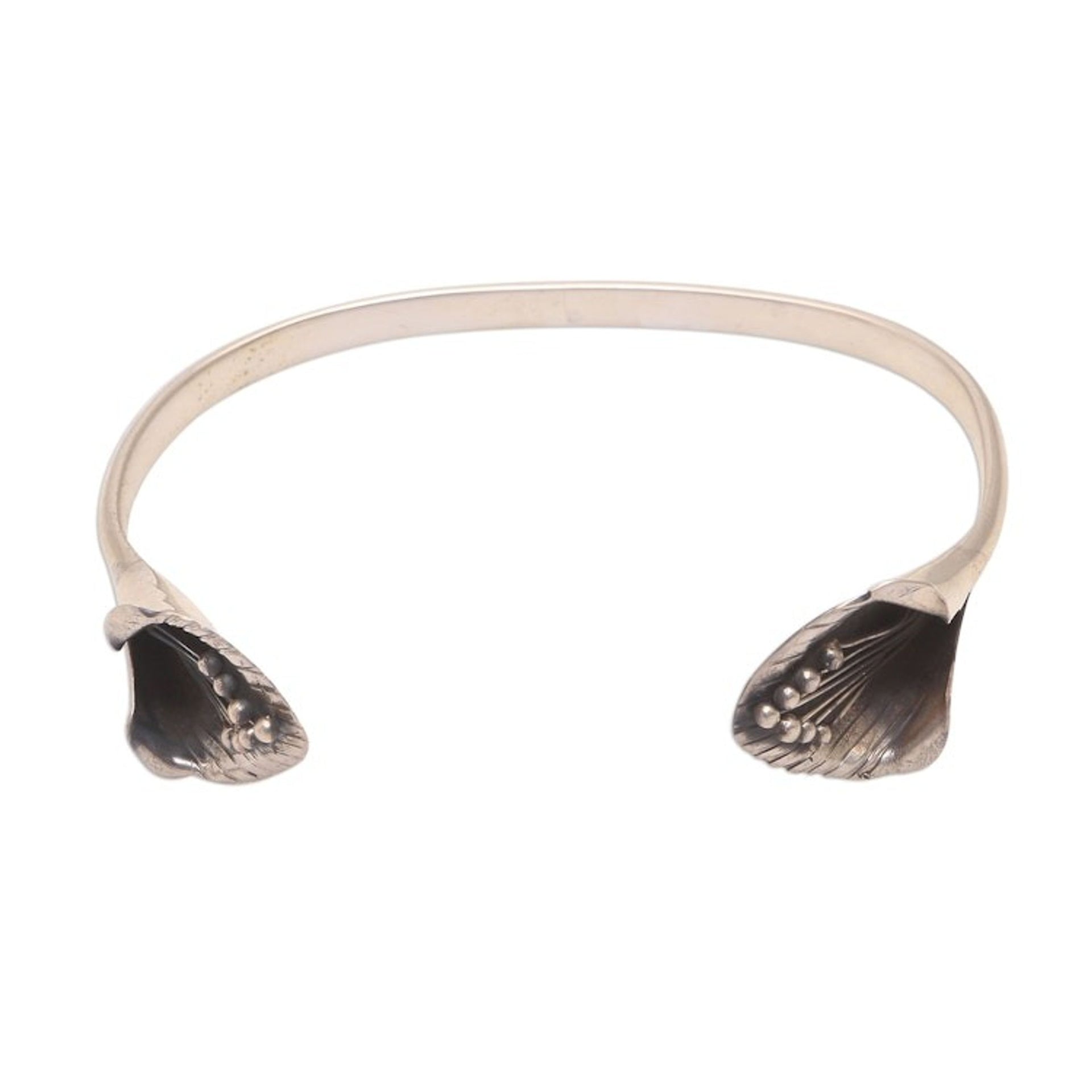 Sterling Silver Cuff Bracelet with Floral Ends from Bali 'Floral Twins'