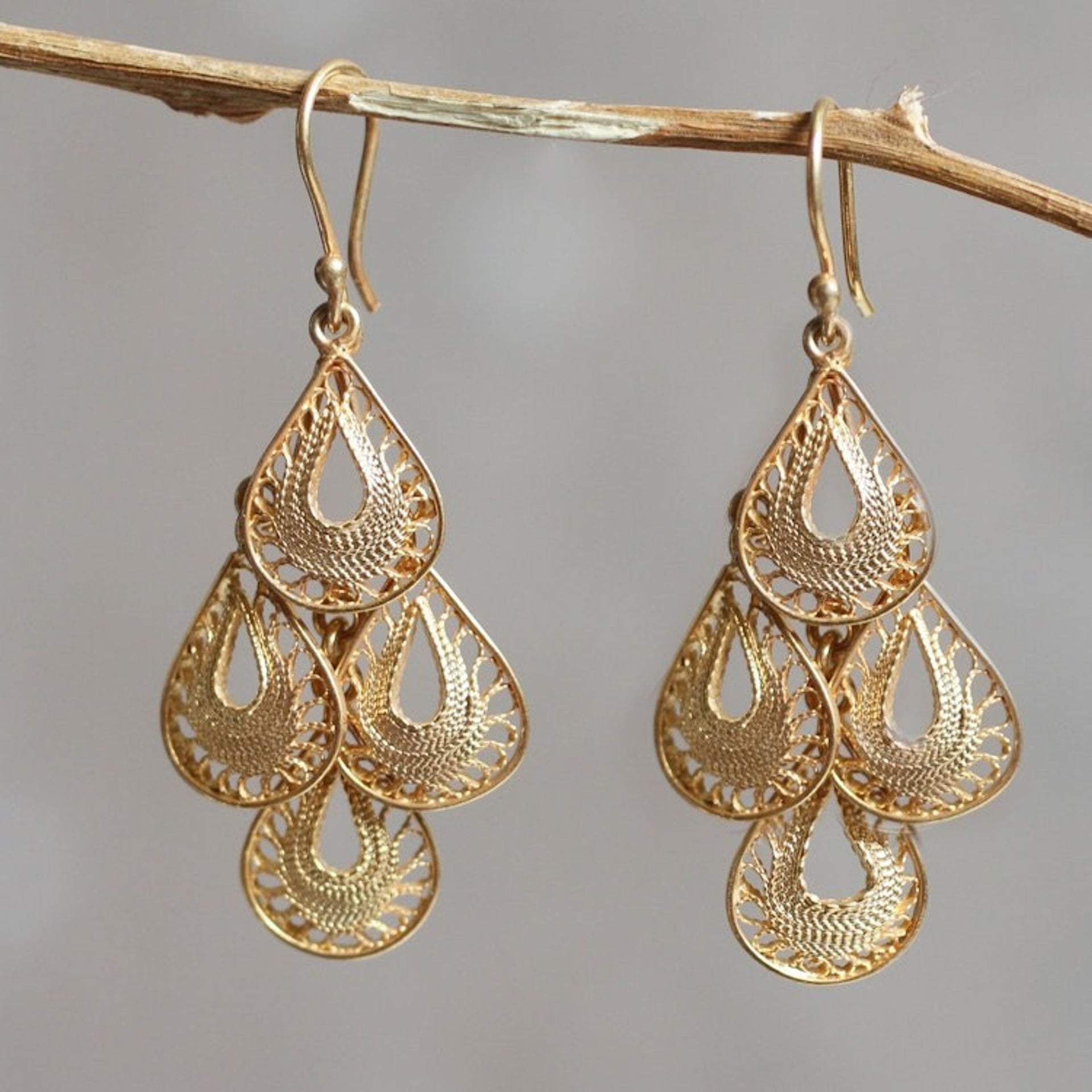 Gold Vermeil Handcrafted Filigree Chandelier Earrings 'Raindrop Cascade'