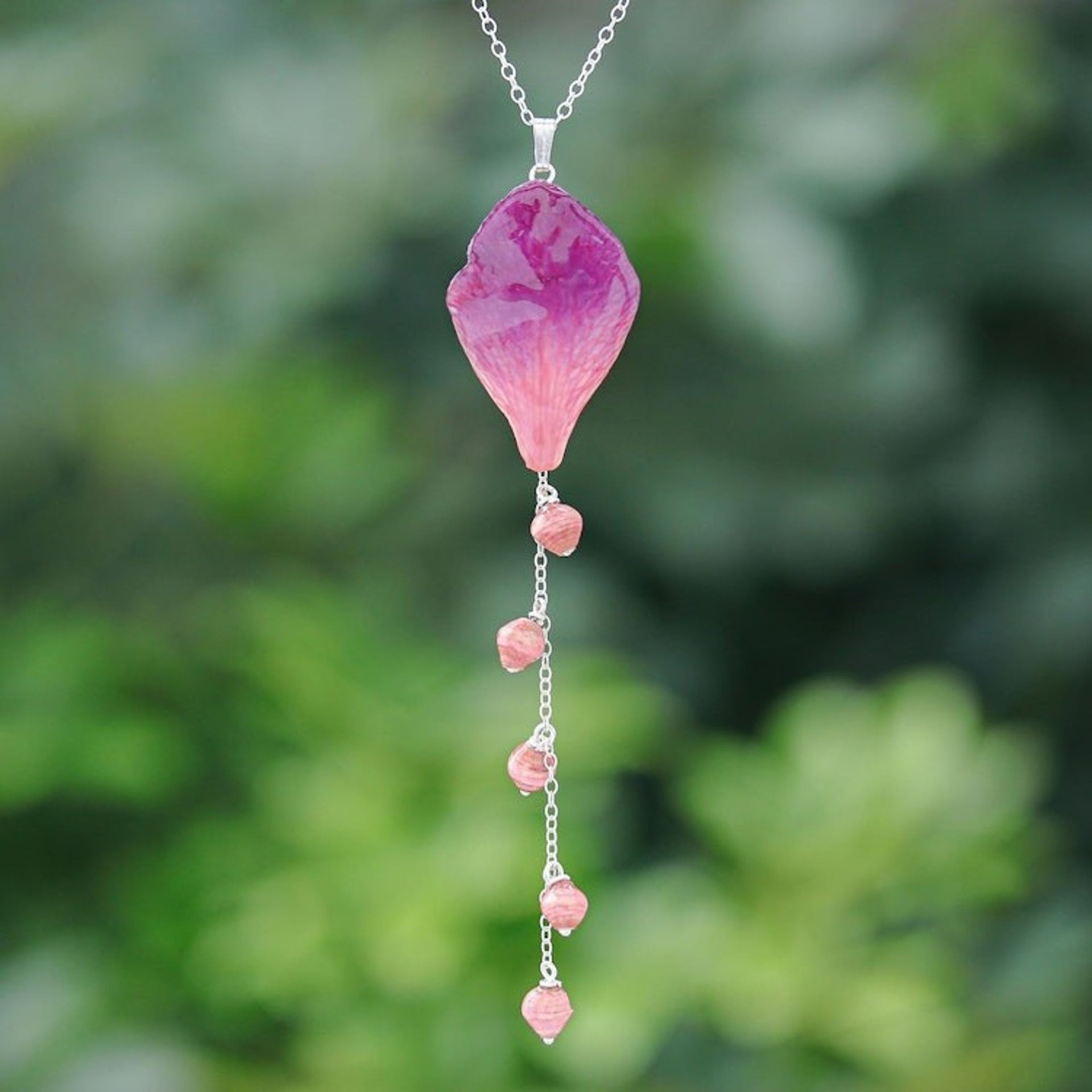Sterling Silver and Orchid Petal Pendant Necklace 'Bloom Balloon in Fuchsia'