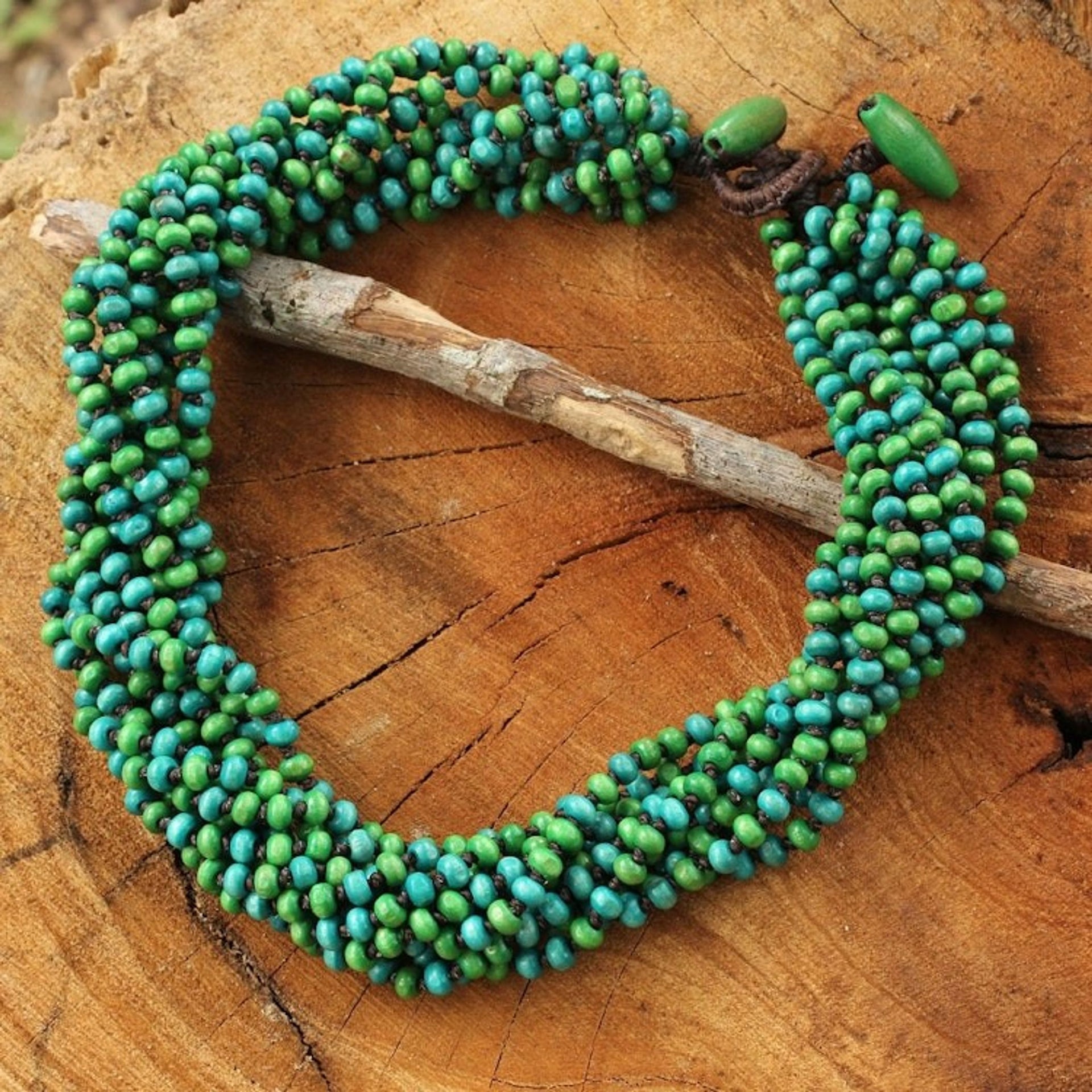 Blue Green Torsade Necklace Wood Beaded Jewelry 'Chao Phraya Belle'