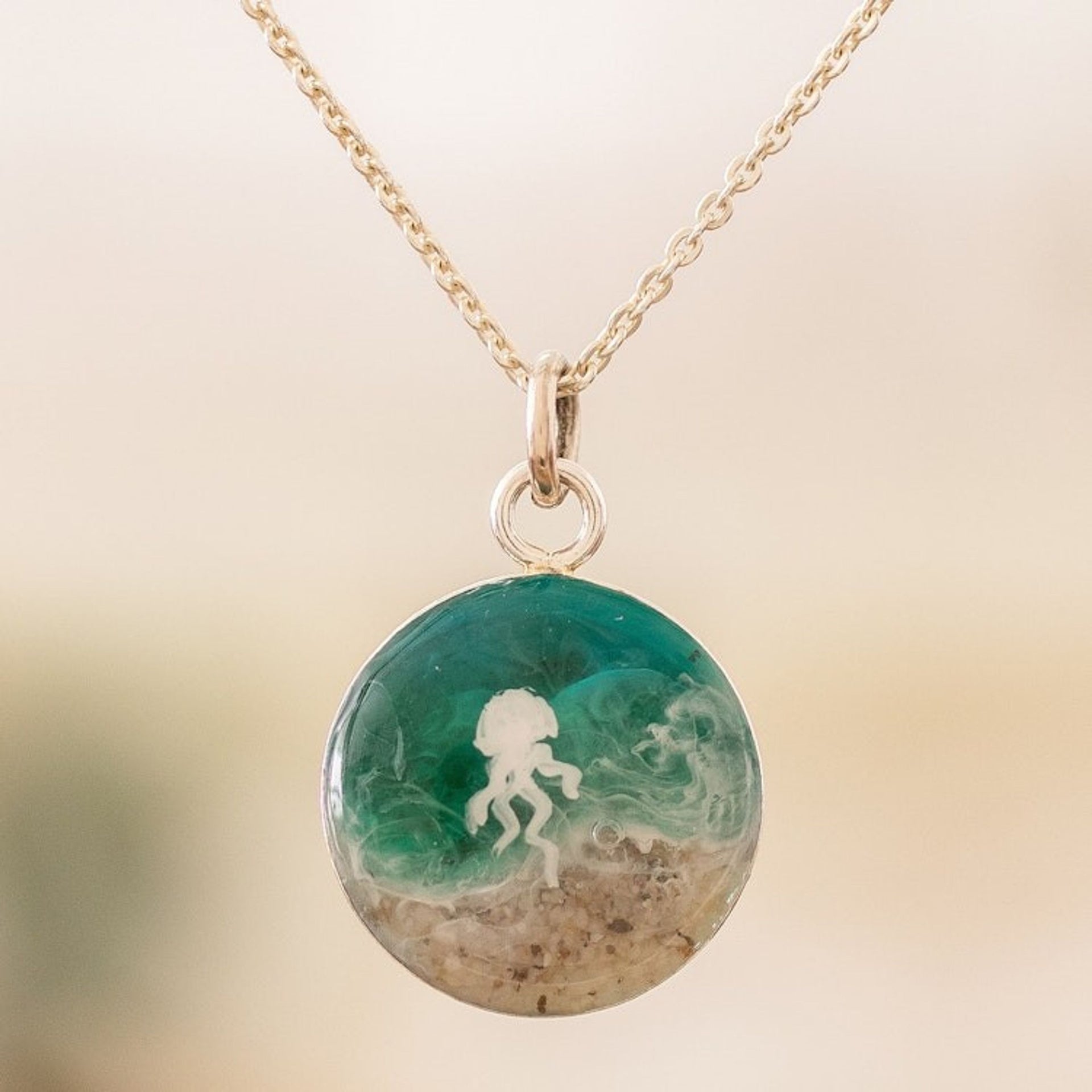 Jellyfish-Themed Sterling Silver and Resin Pendant Necklace 'Sea Jellyfish'