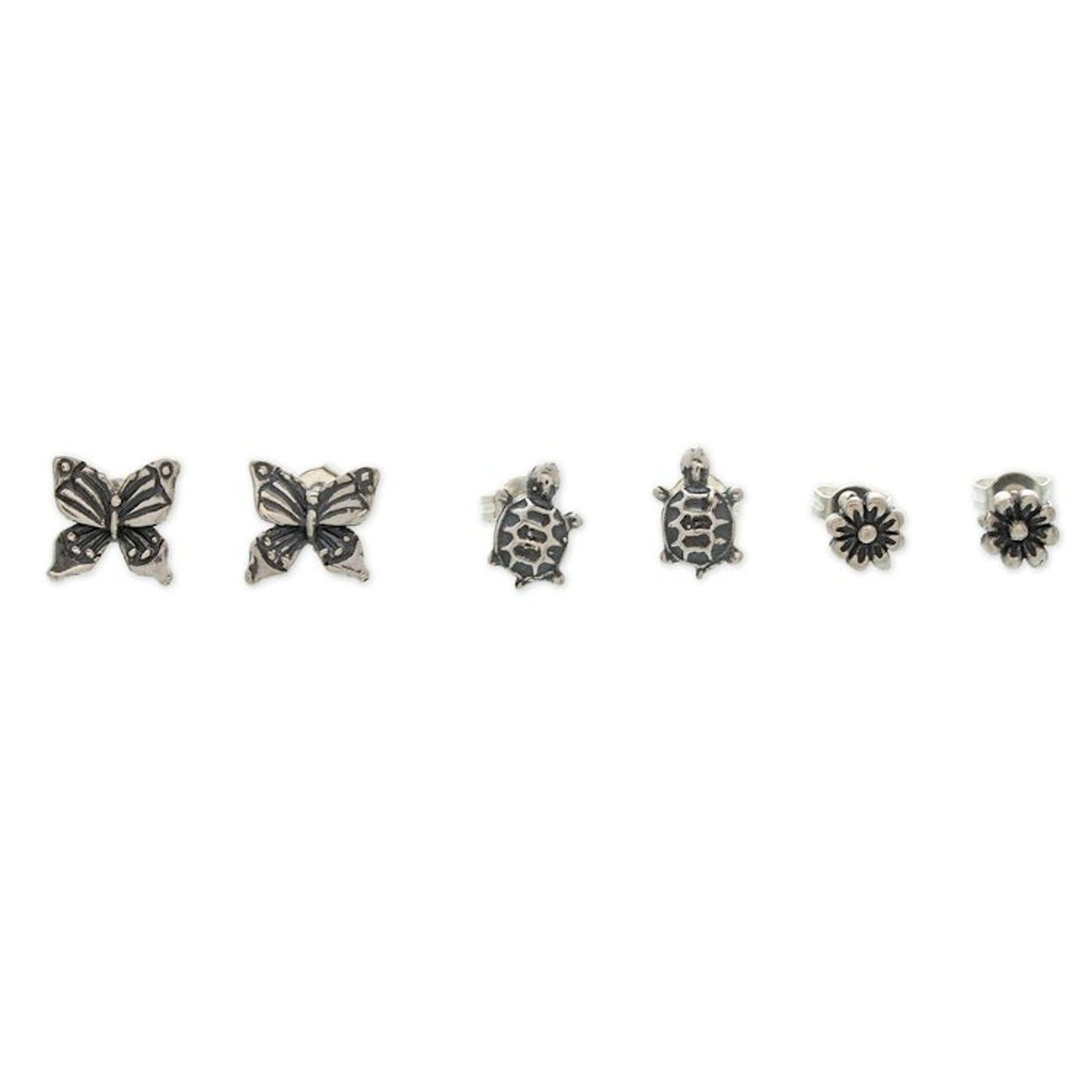 3-Piece Nature-Themed Sterling Silver Stud Earrings Set 'Bucklers of Nature'