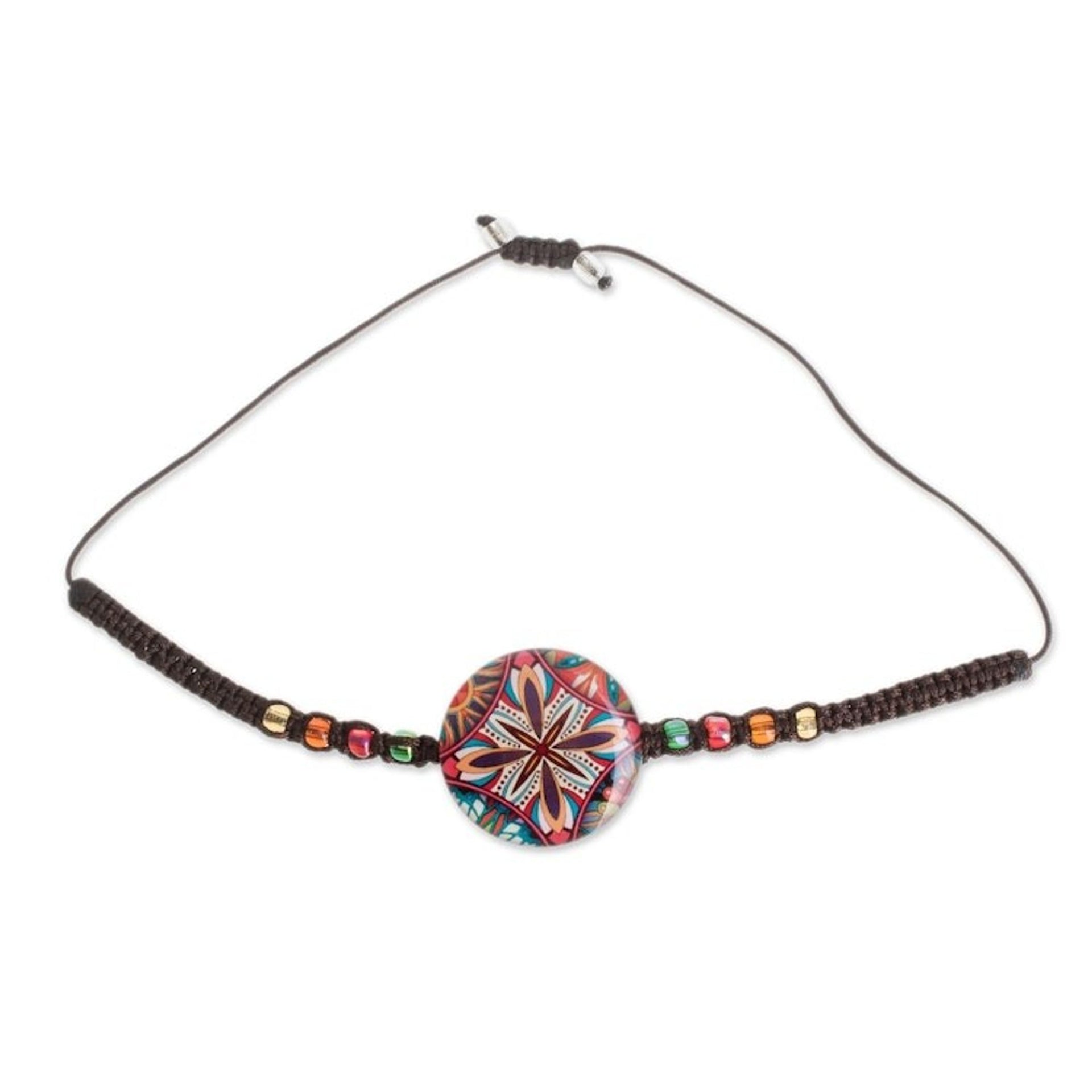 Multicolored Glass Beaded Macrame Pendant Bracelet 'Vibrant Kaleidoscope'