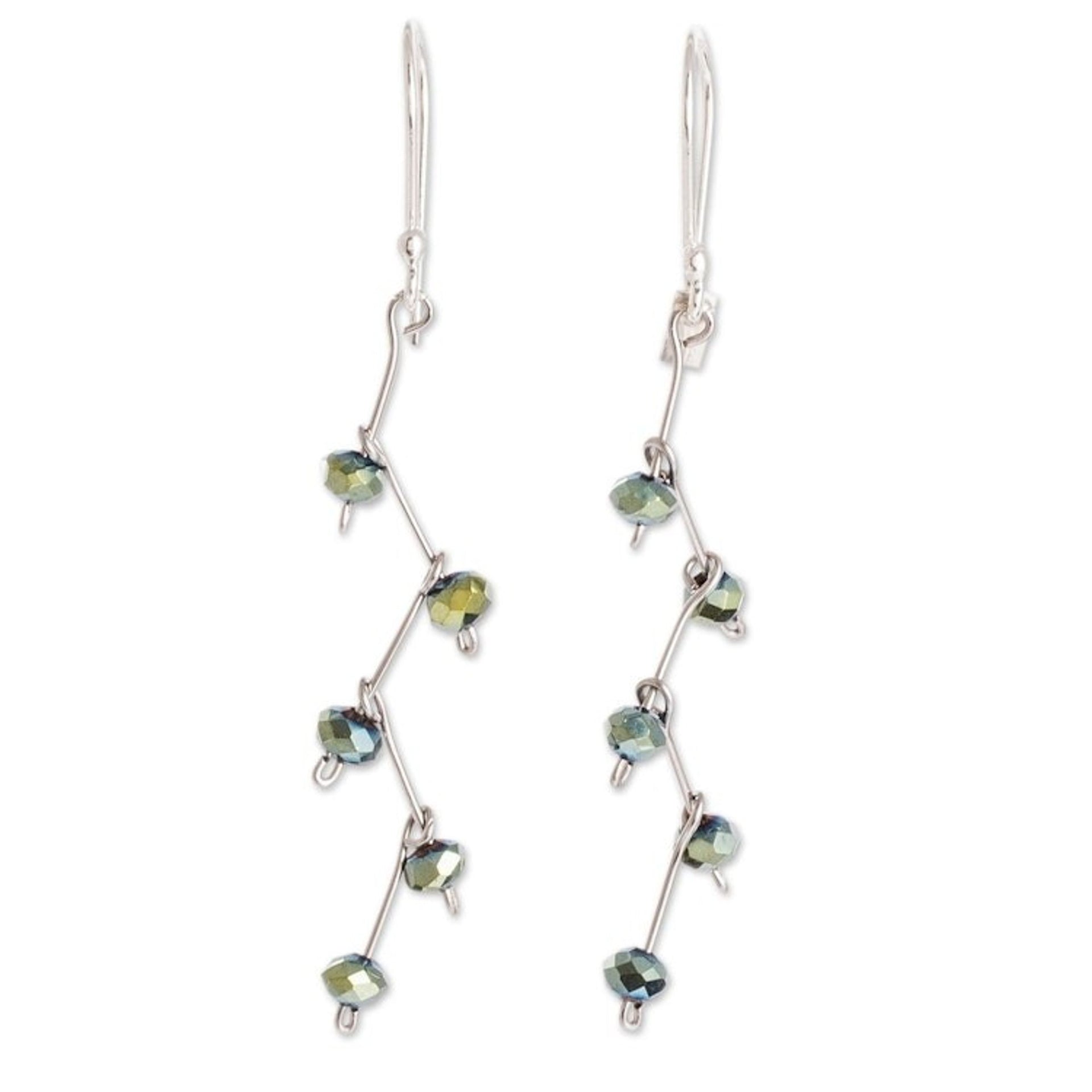 Green Beaded Dangle Earrings With Sterling Silver Hooks 'Green Iridescent'