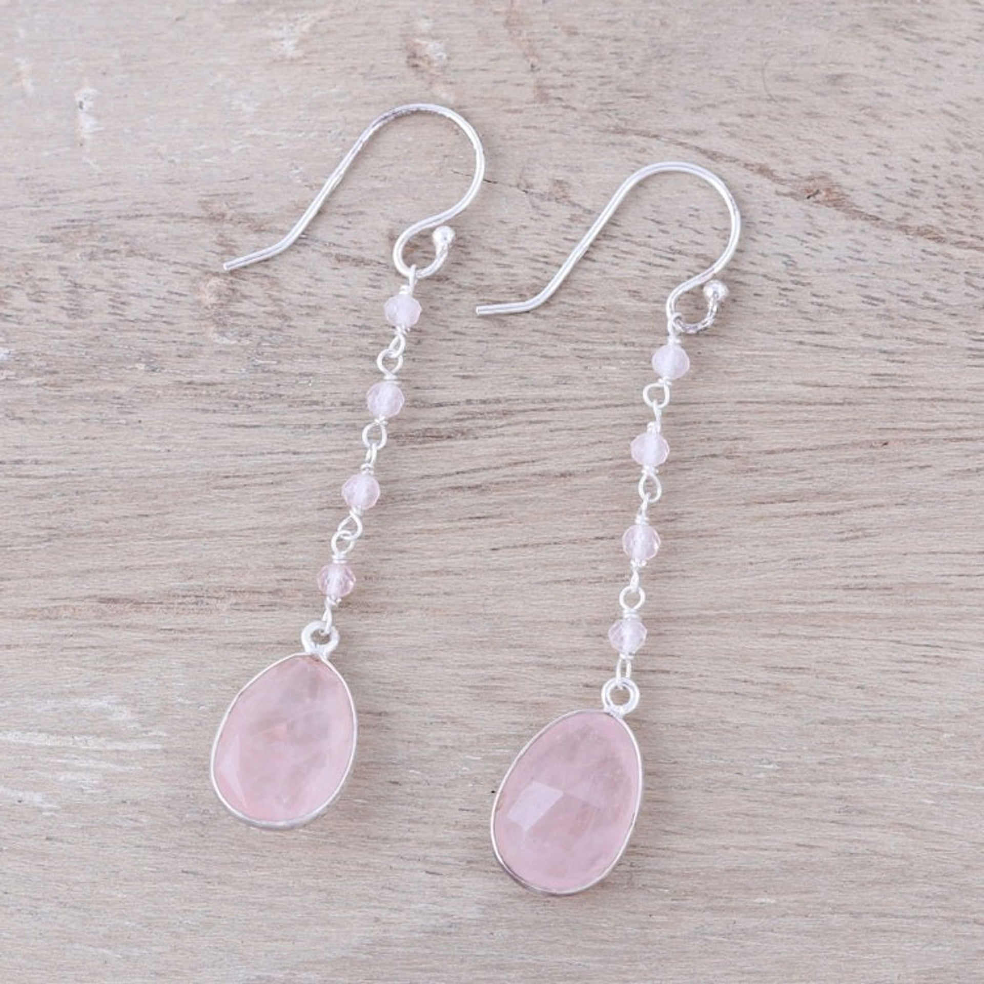 8-Carat Rose Quartz Dangle Earrings from India 'Raining Drops'