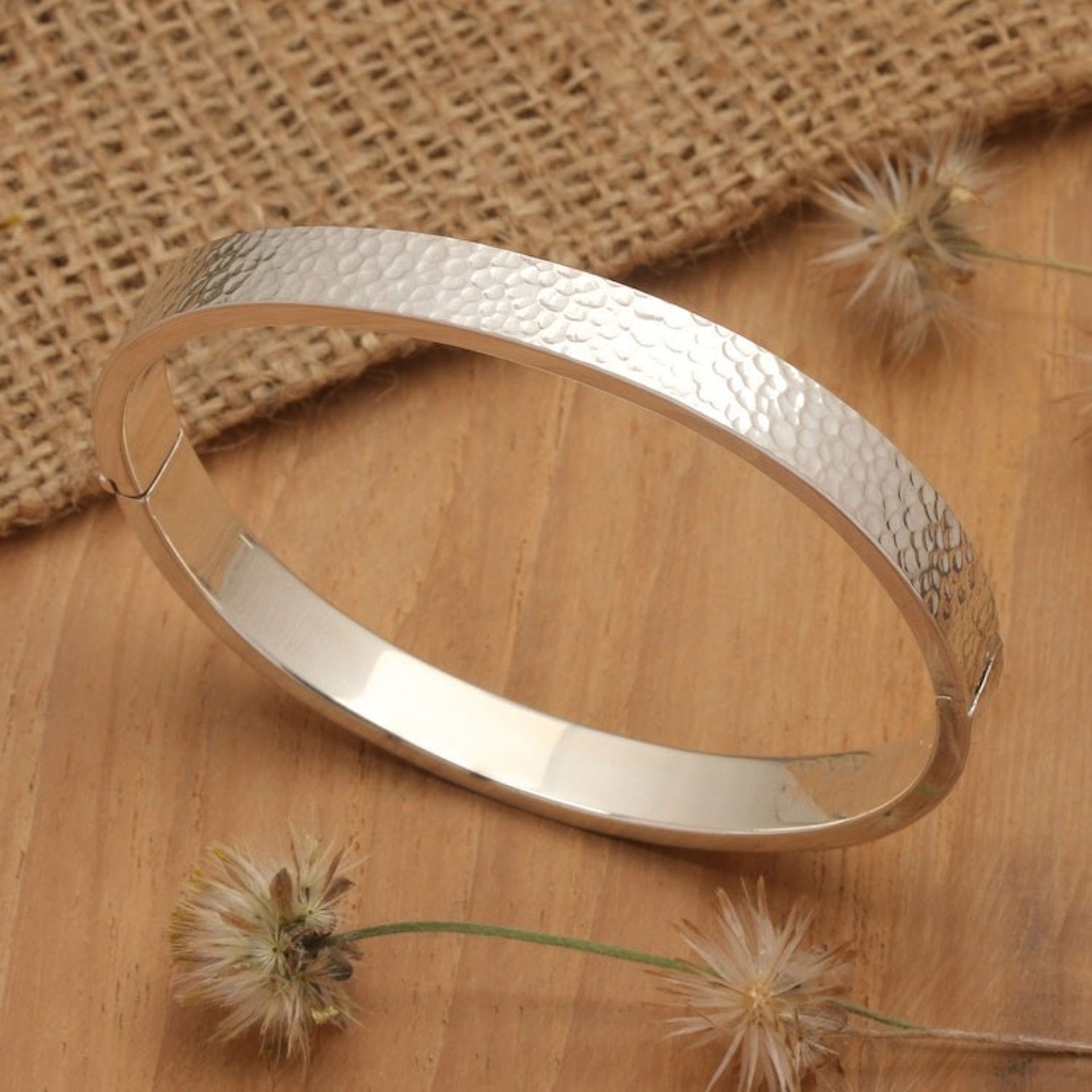 Textured 925 Silver Oval Bangle-Style Wristband Bracelet 'Textured Oval'