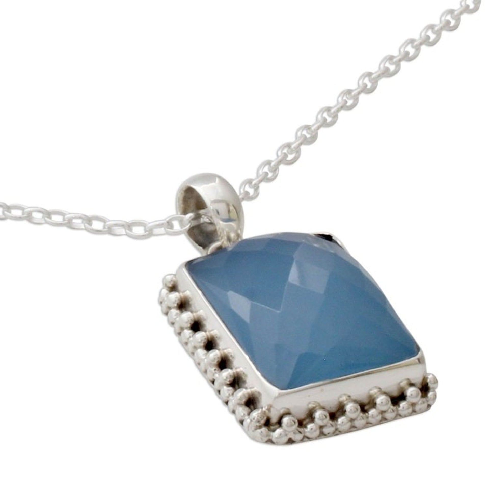 Sterling Silver Necklace from India with Blue Chalcedony Gem 'Good Will Spirit'