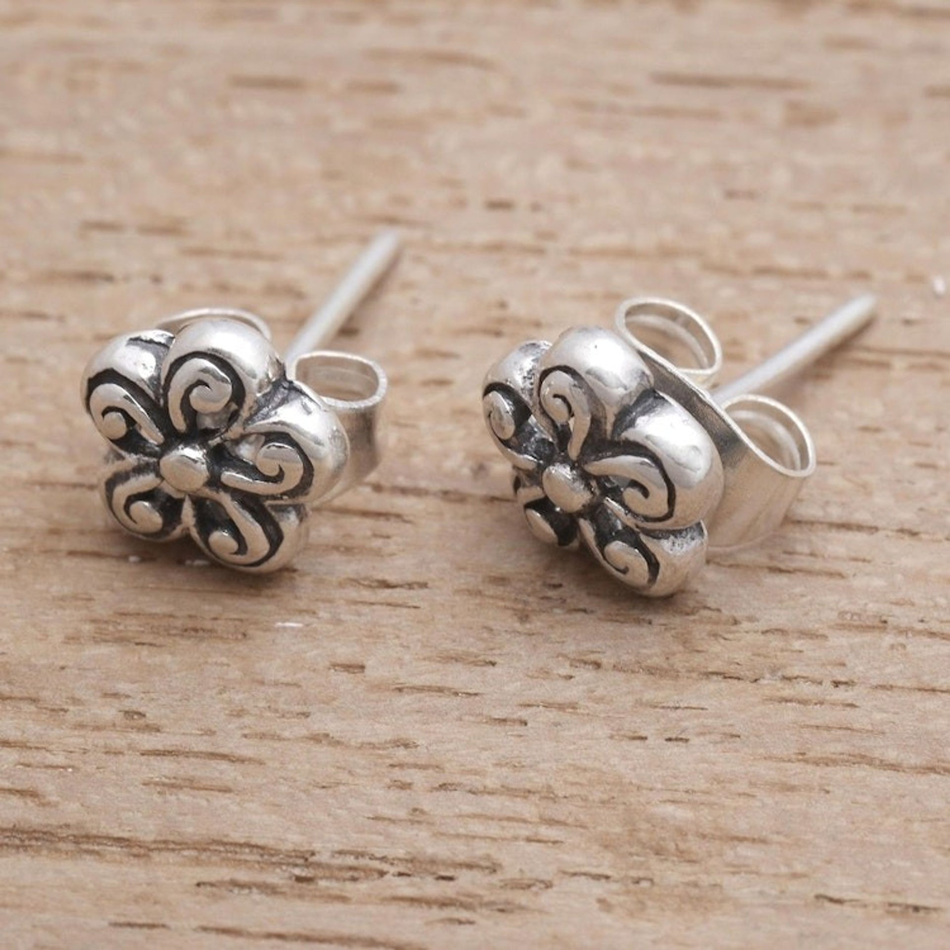 Spiral Pattern Floral Sterling Silver Stud Earrings 'Small Curls'