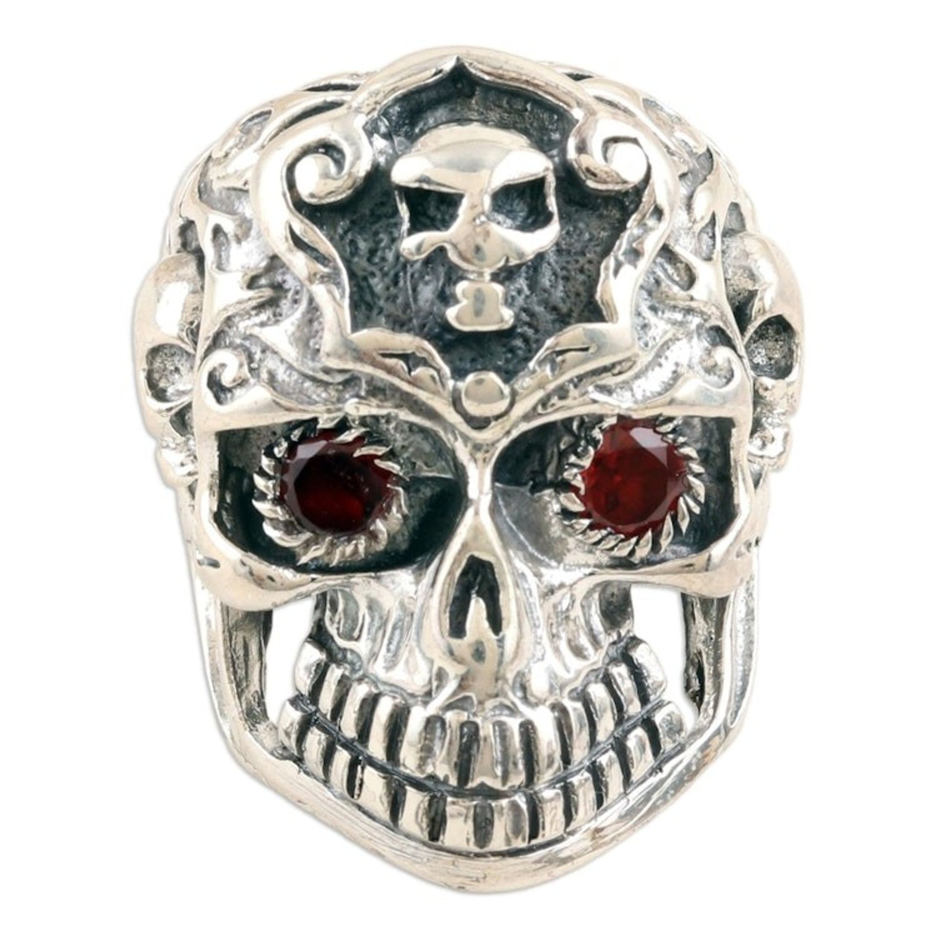 Sterling Silver Skull Cocktail Ring with Garnet Stones 'Passionate Specter'