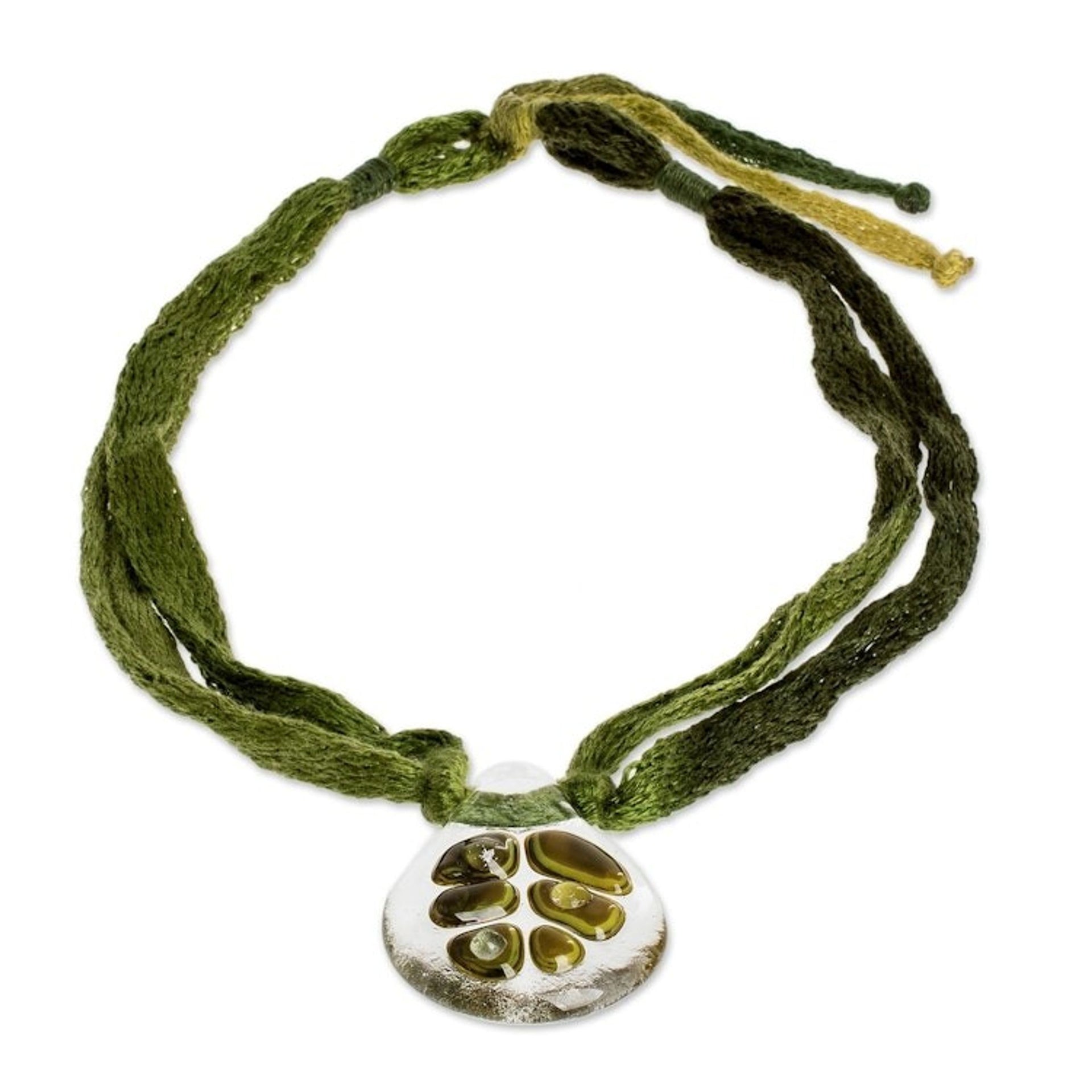 Clear Drop Shaped Glass Pendant Necklace with Braided Cord 'Green Dewdrop Leaf'