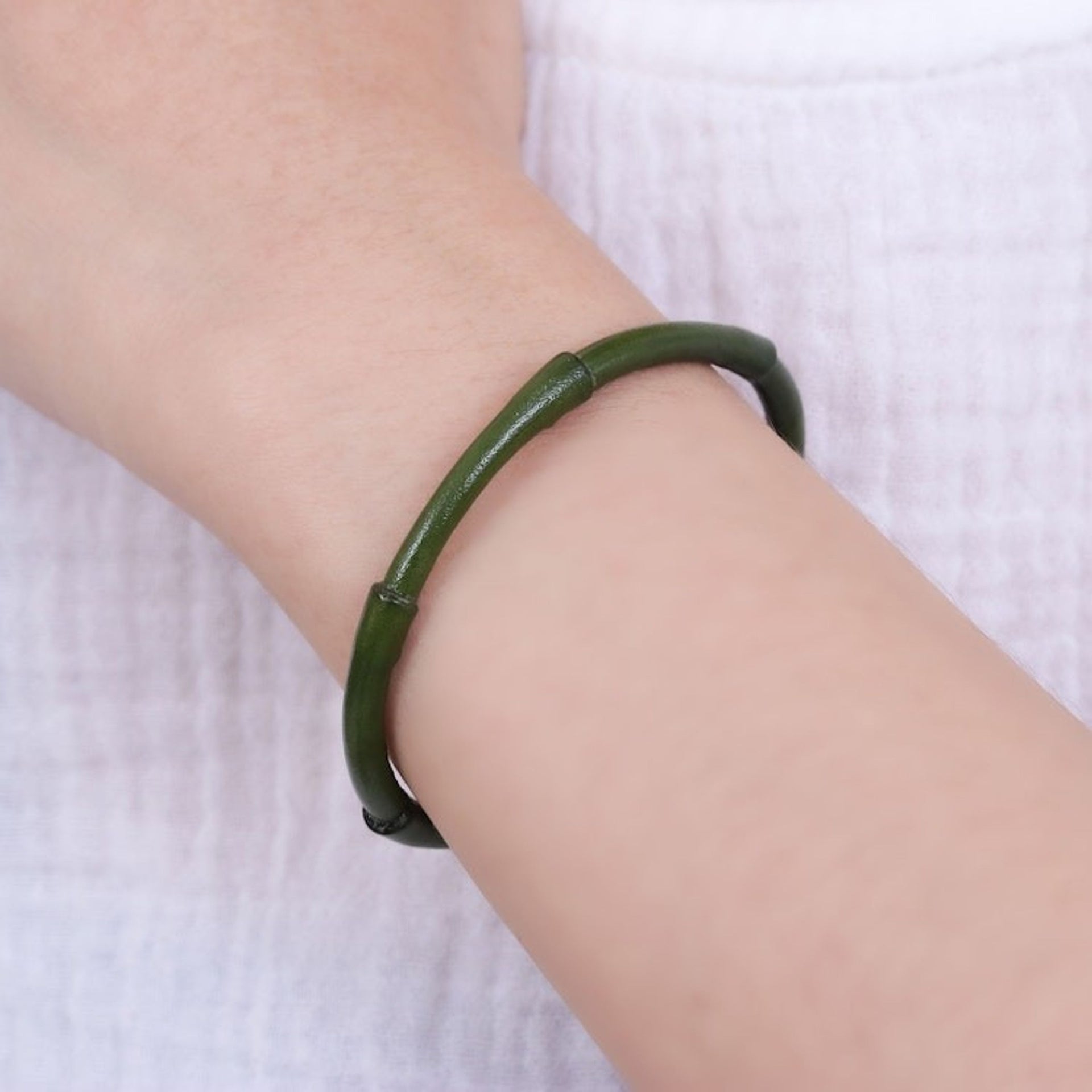 Bamboo-Inspired Adjustable Green Leather Cuff Bracelet 'Harmonious Bamboo'