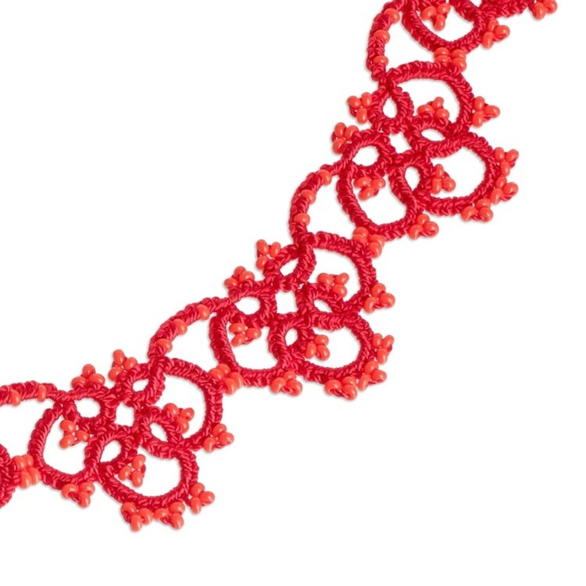 Hand-Tatted Red Collar Necklace with Sterling Silver Clasp 'Intense Winds'