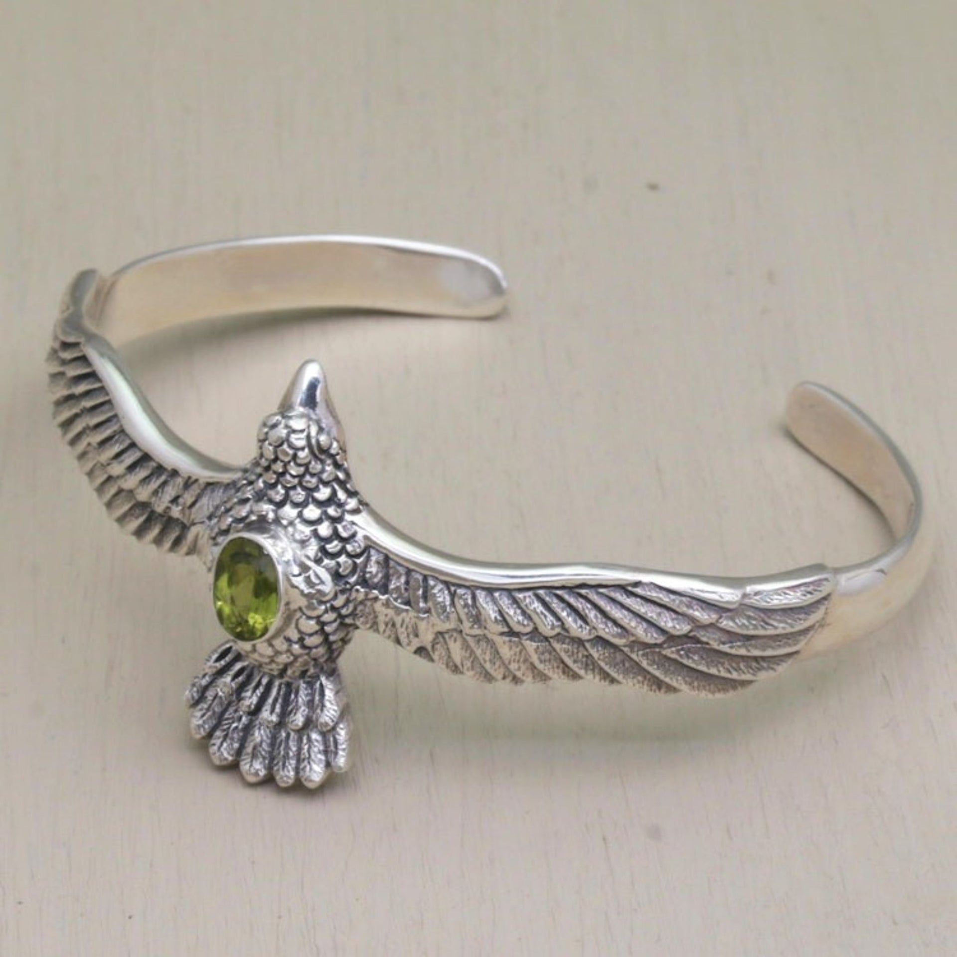 Peridot Hawk Motif Cuff Bracelet in Sterling Silver 'Spirit Hawk'