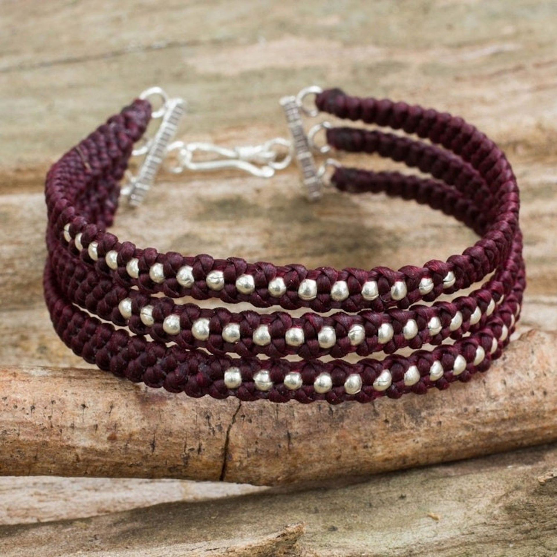 Dark Maroon Braided Wristband Bracelet with Silver Beads 'Maroon Moons'