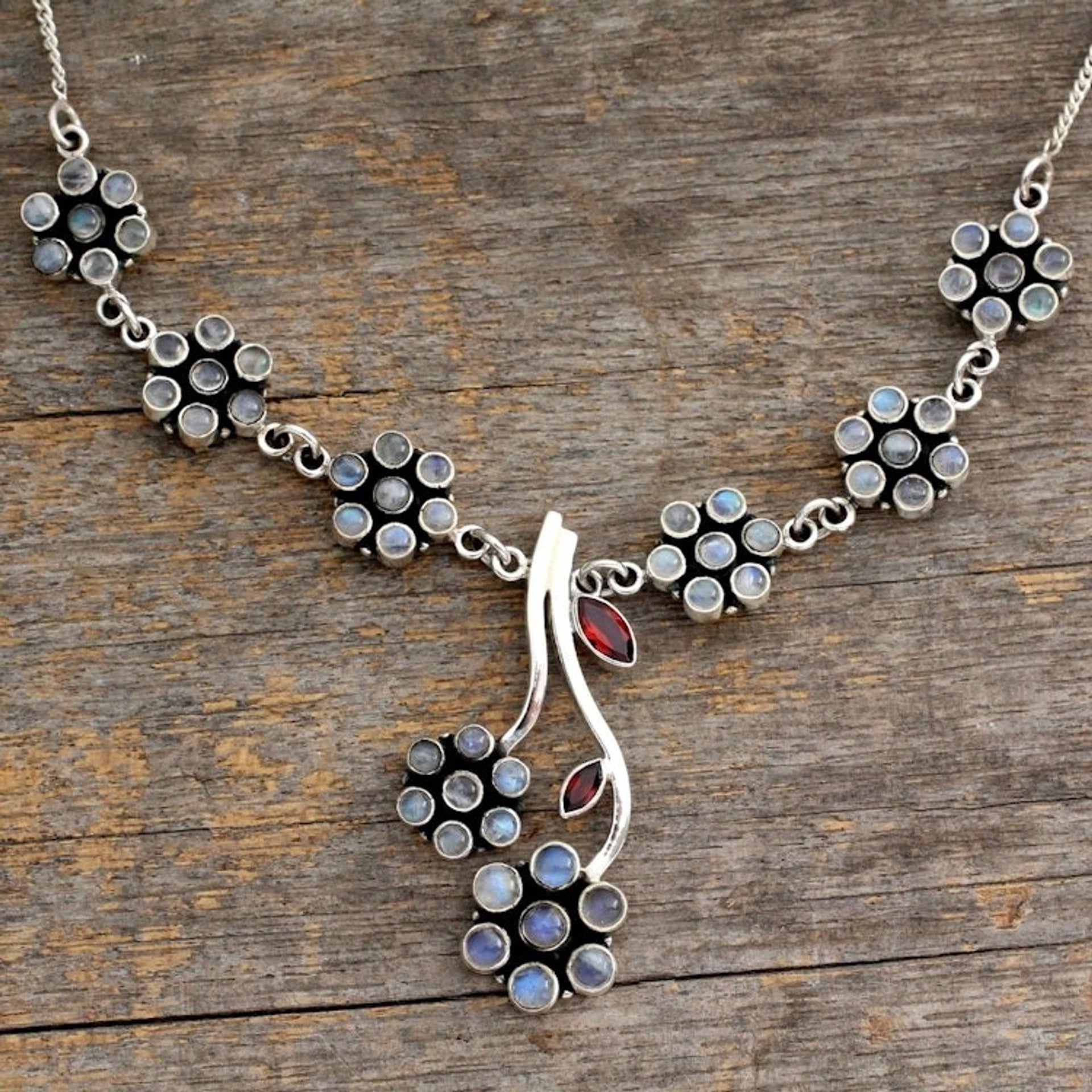 Moonstone and garnet floral necklace 'White Marigold'
