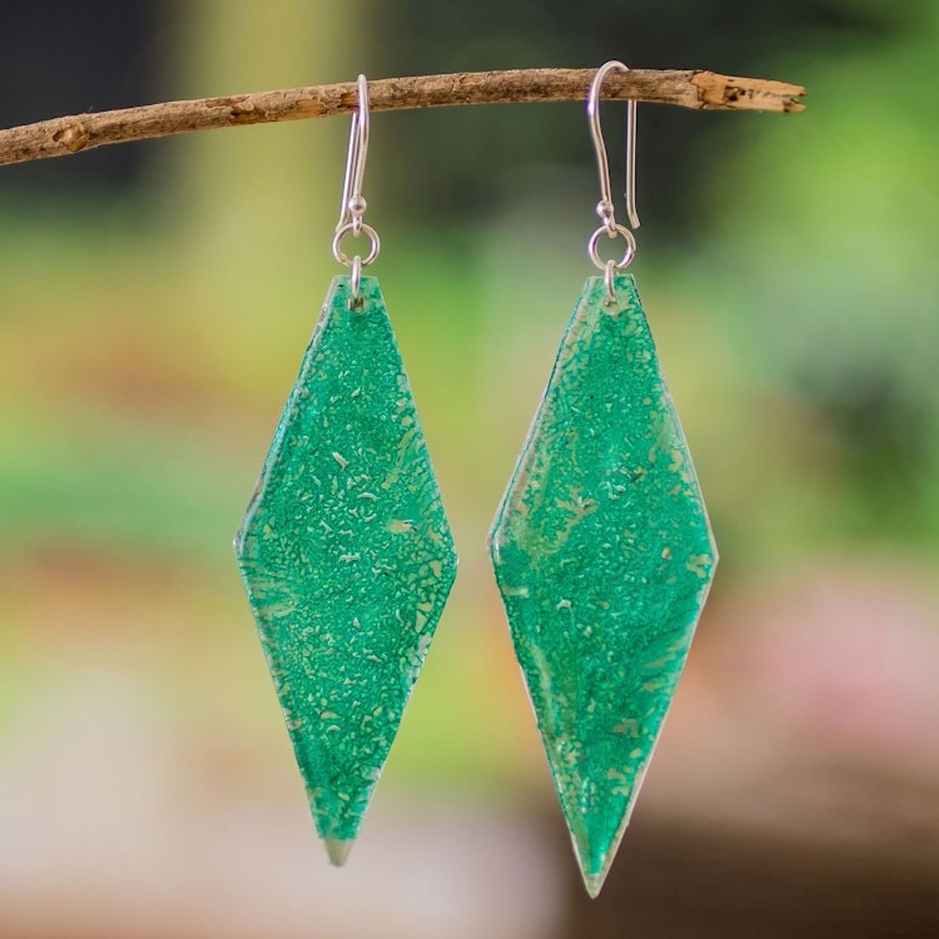 Diamond-Shaped Green Recycled CD Dangle Earrings 'My Green Elegance'