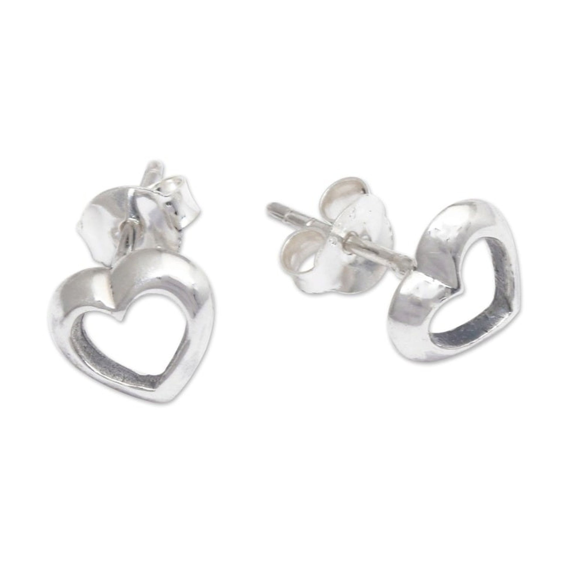 High-Polished Heart-Shaped Sterling Silver Stud Earrings 'Double Love'