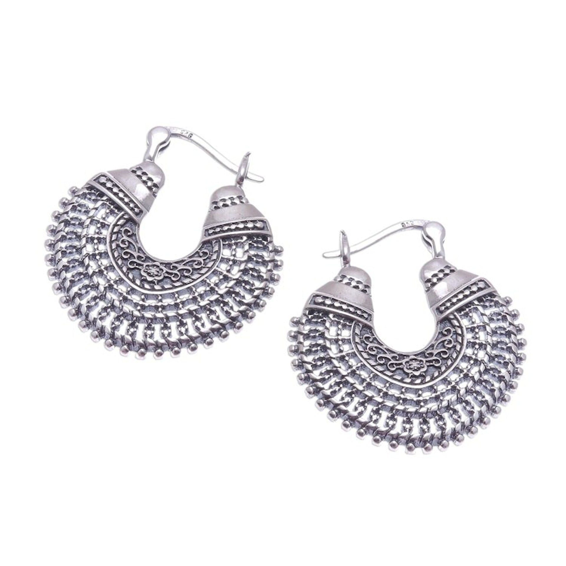 Patterned Sterling Silver Hoop Earrings from Thailand 'Thai Classic'