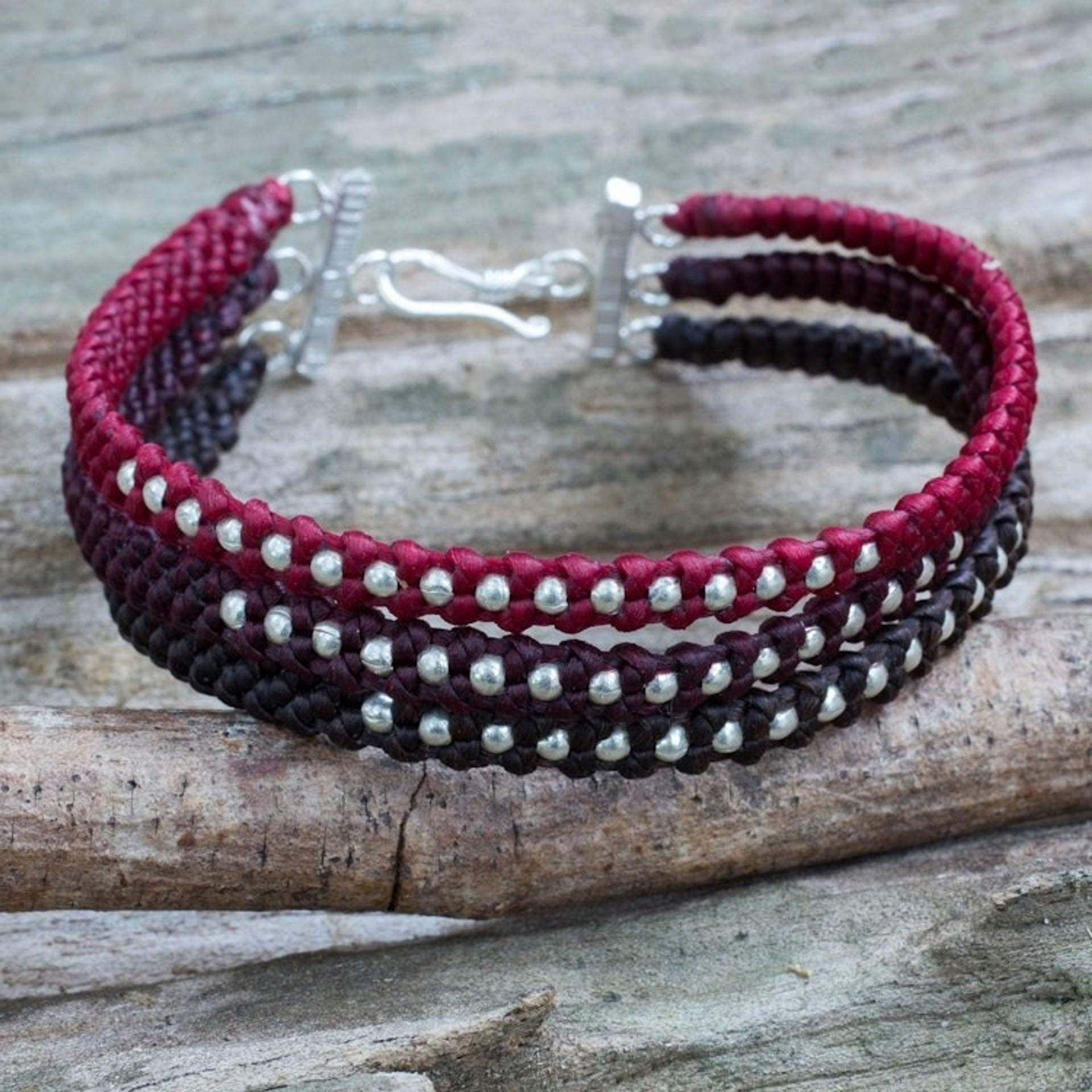 3 Colors Braided Wristband Bracelet with Silver Beads 'Tricolor Moons'