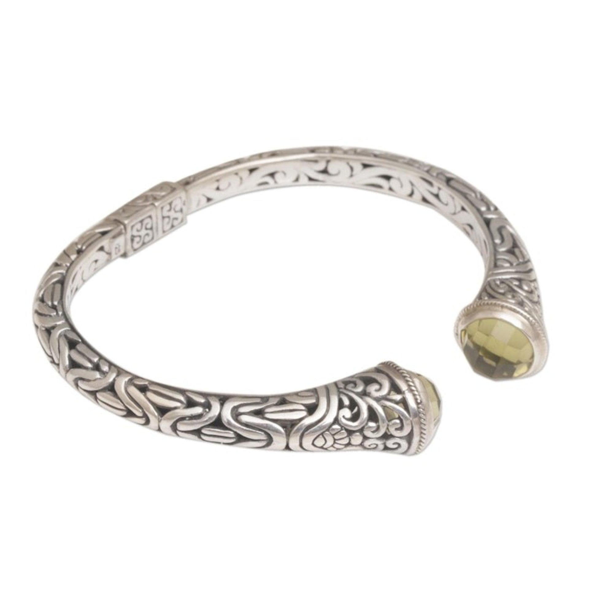 Balinese Style Hinged 925 Silver Prasiolite Cuff Bracelet 'Our Two Souls'