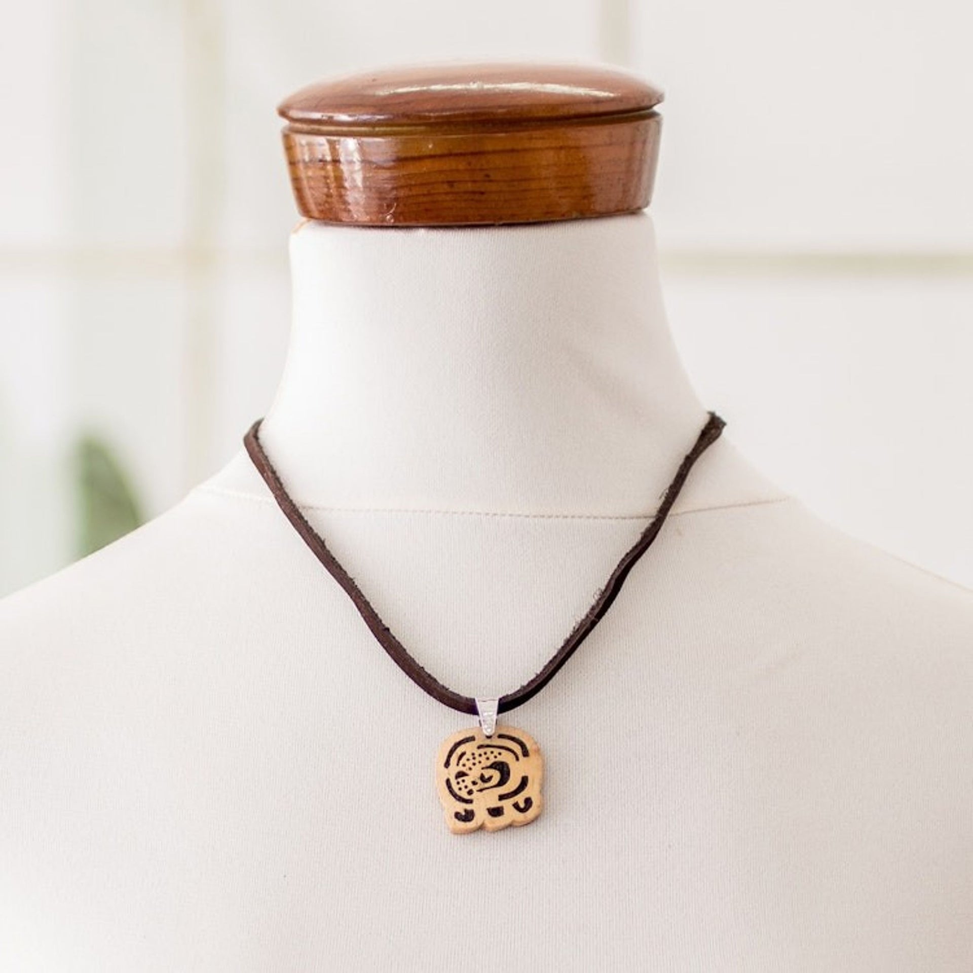 Coconut Shell and Lava Stone Kan Sign Pendant Necklace 'Inner Flame'