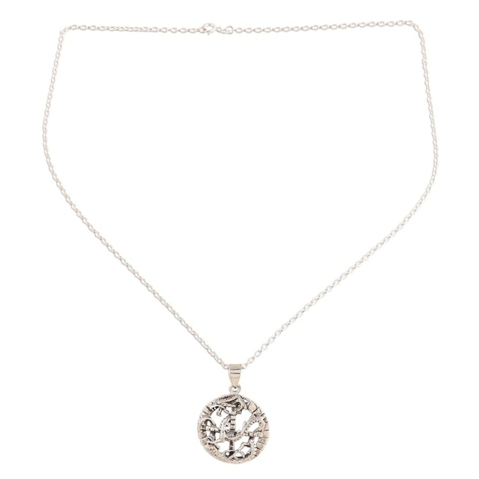 Circular Sterling Silver Dragon Pendant Necklace from India 'Dragon Mystic'