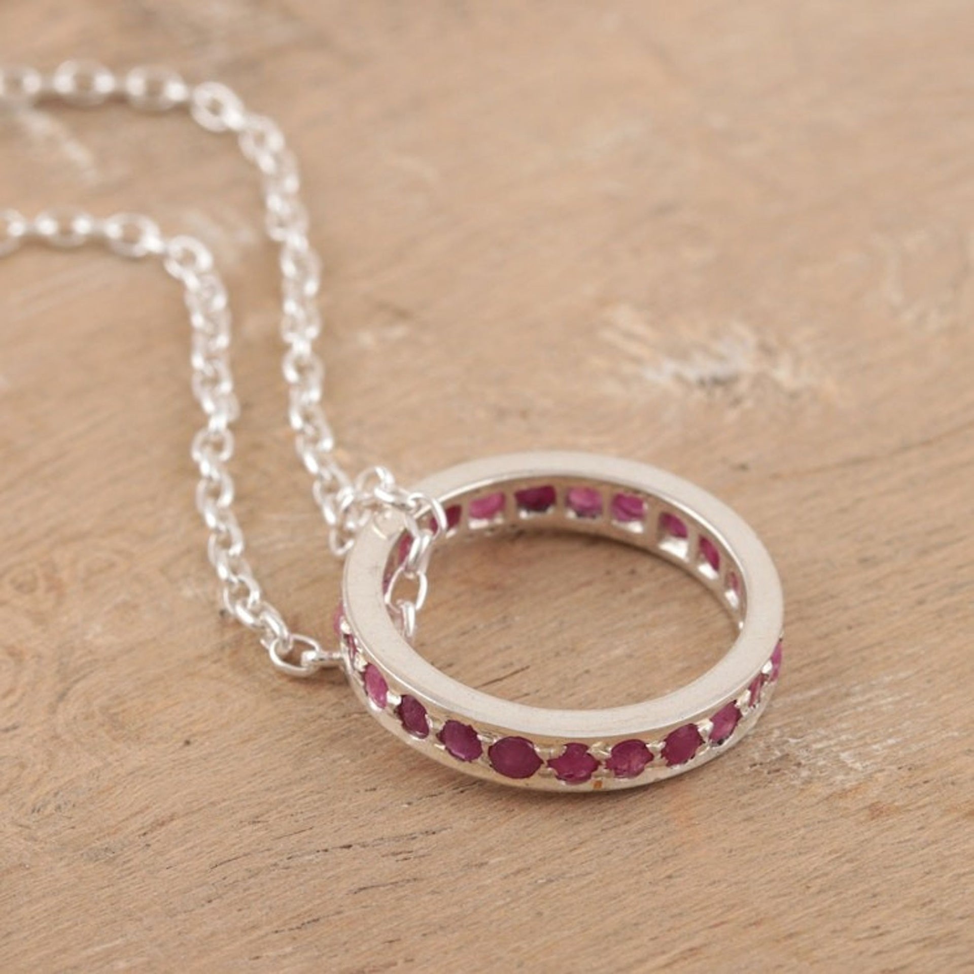 Artisan Crafted Ruby Rhodium Plated Silver Necklace 'Circle of Love'