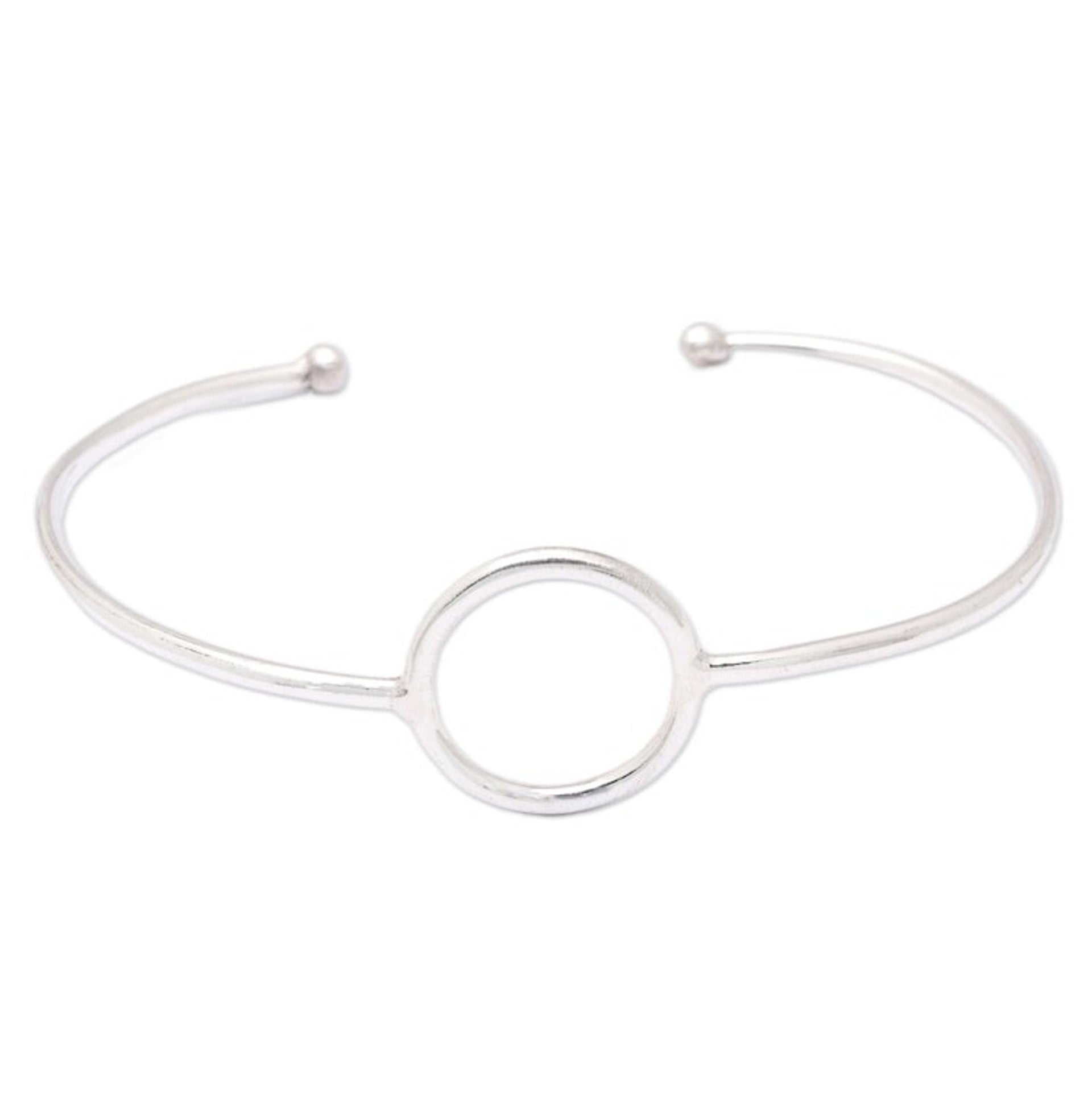 Minimalist Round Accent Sterling Silver Cuff Bracelet 'Globe-Trotting's Core'