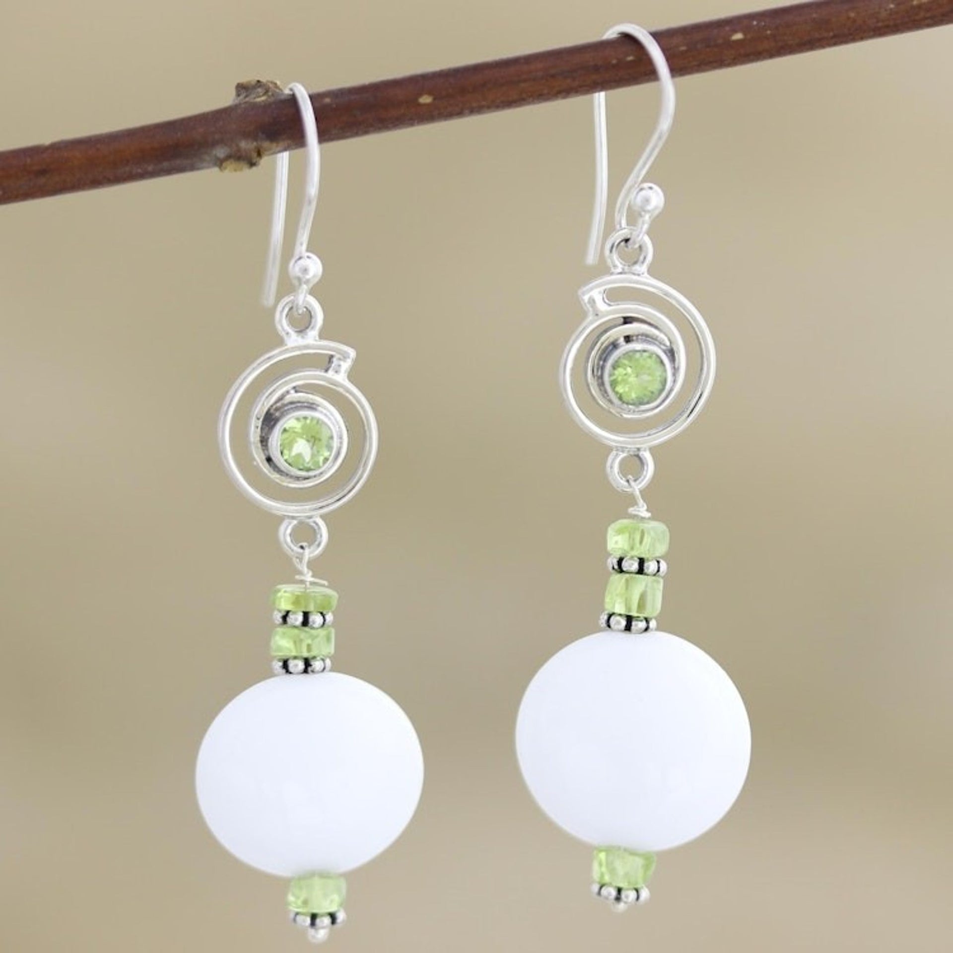 Handcrafted Agate and Peridot Dangle Earrings from India 'Spring Chill'
