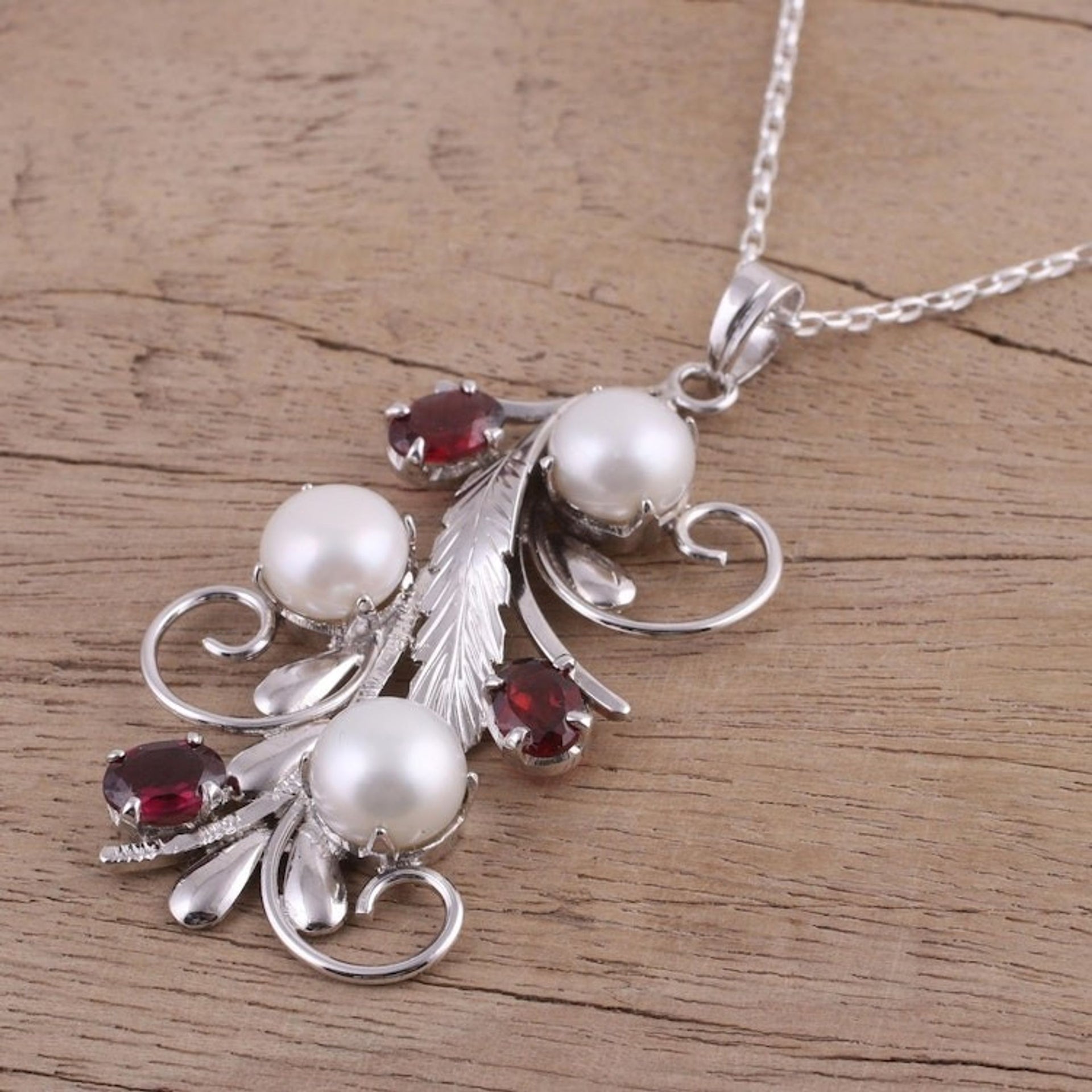 Rhodium Plated Cultured Pearl and Garnet Necklace from India 'Royal Vine'