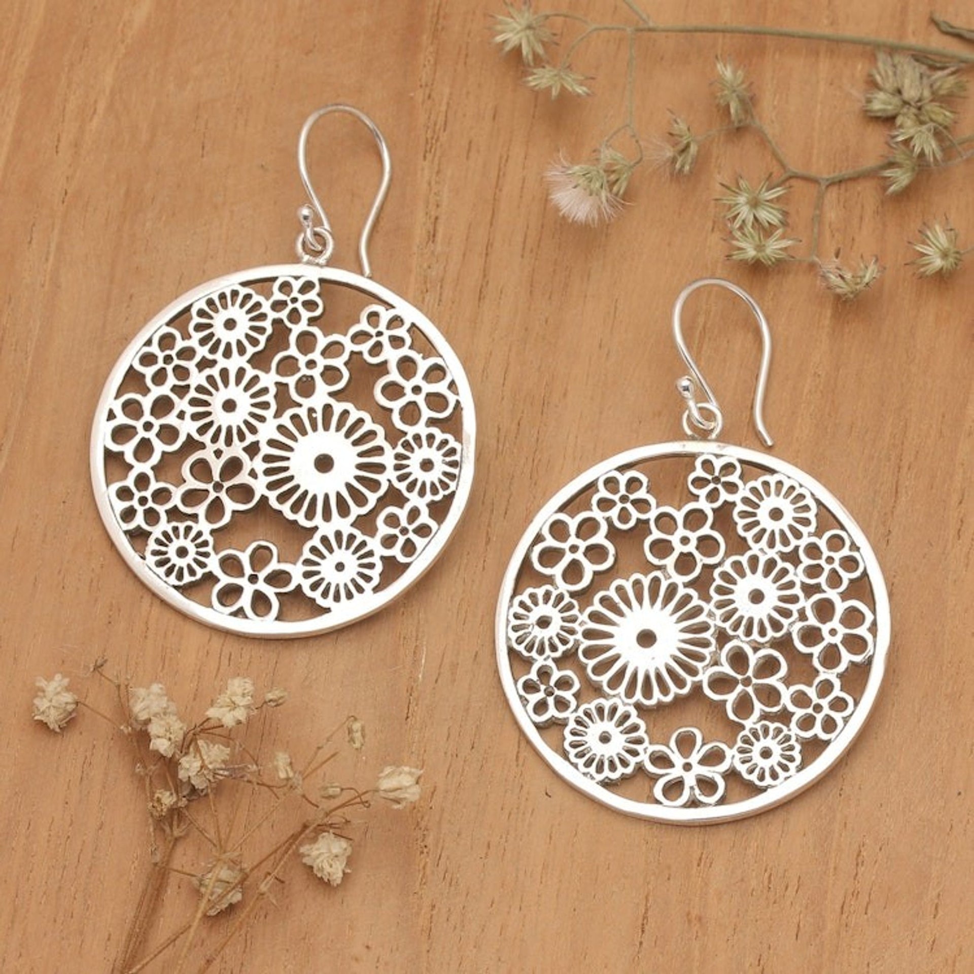 Polished Round Sunflower Sterling Silver Dangle Earrings 'Radiant Round Summer'