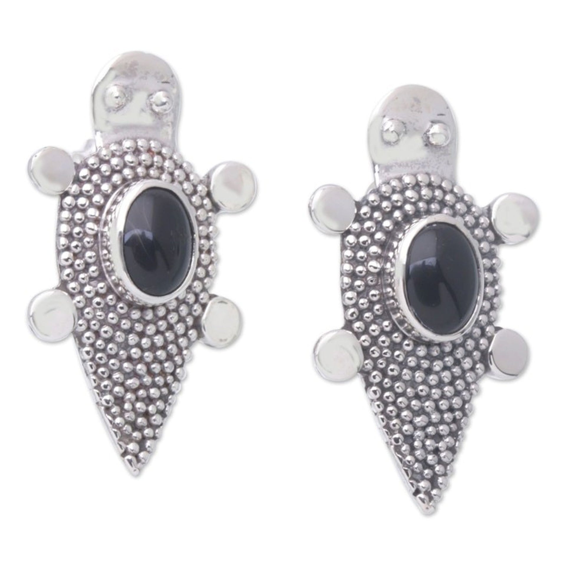 Sterling Silver Onyx Tortoise Button Earrings 'Heaven's Black Tortoise'
