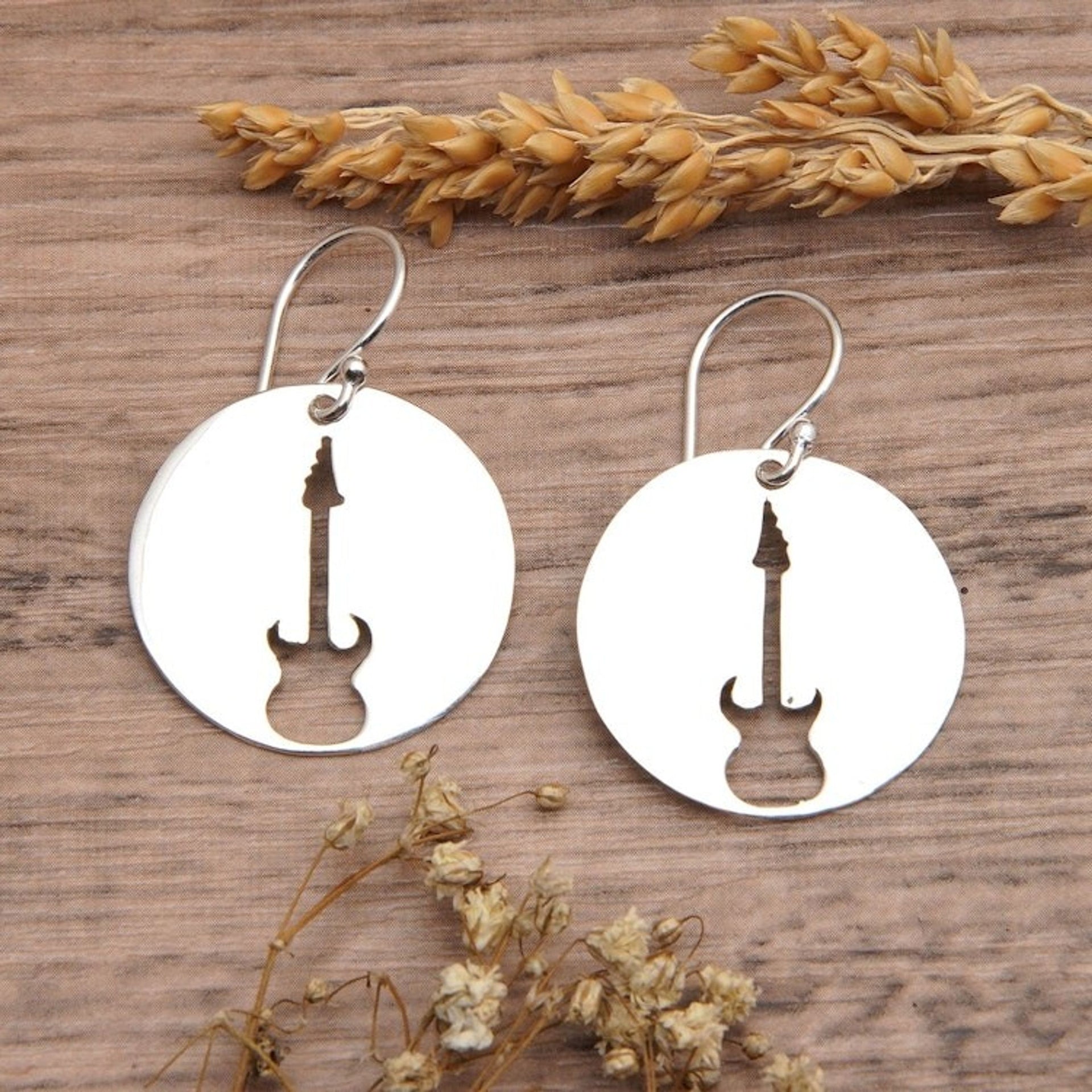 Guitar-Themed Round Sterling Silver Dangle Earrings 'Your Melody'