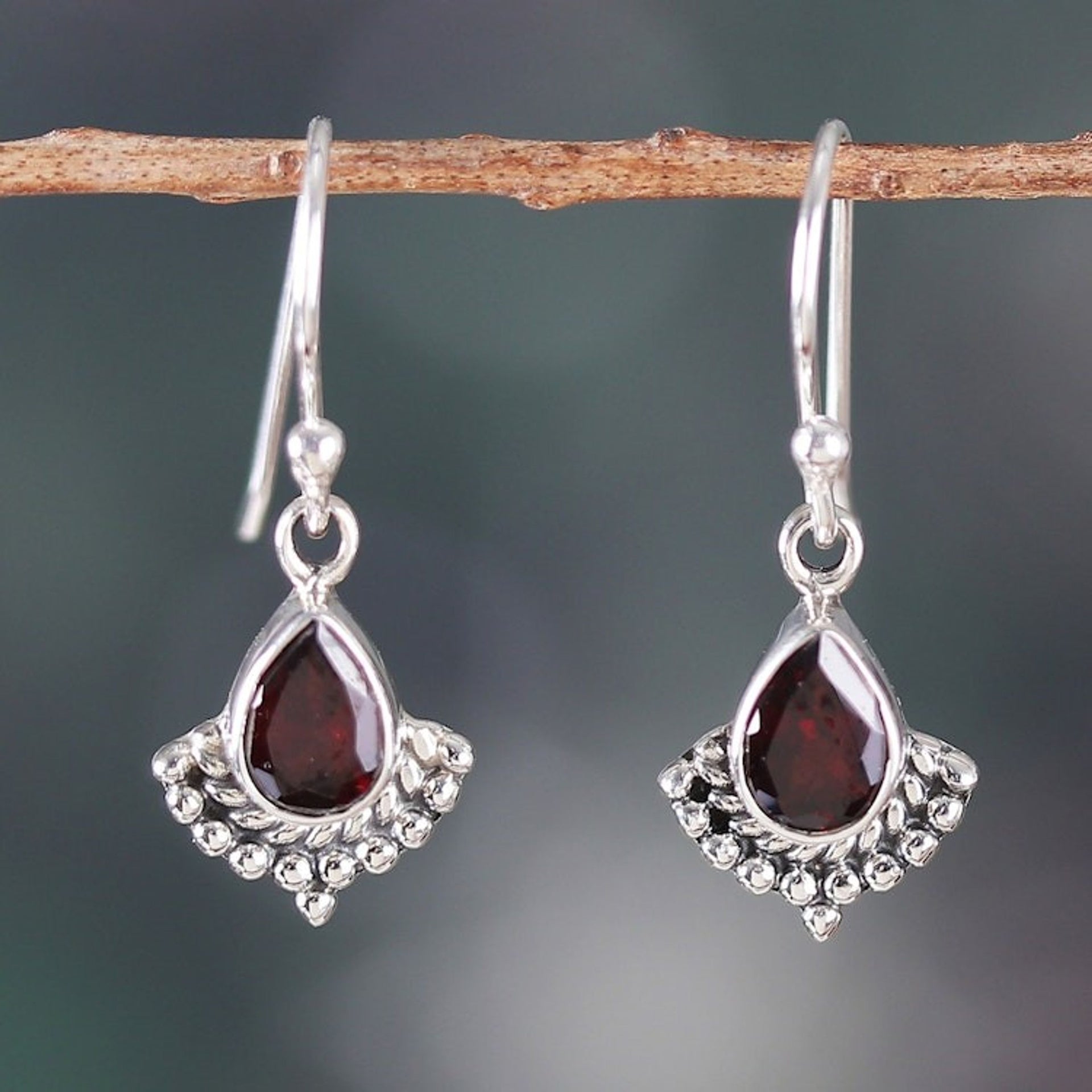 Garnet and Silver Dangle Earrings with Rope and Dot Accents 'Red Artistry'