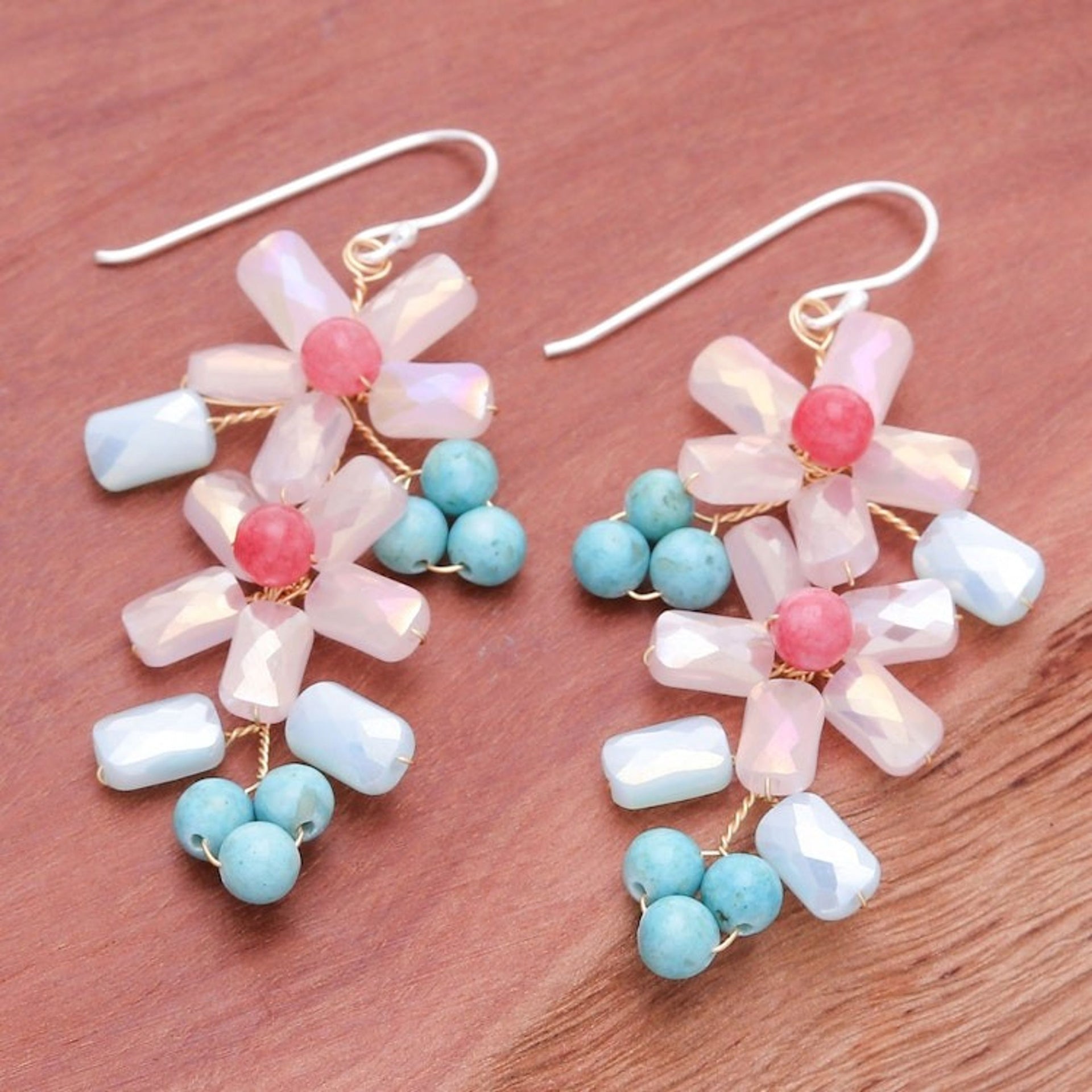 Blue and White Quartz and Howlite Beaded Dangle Earrings 'Zephyr Spring'